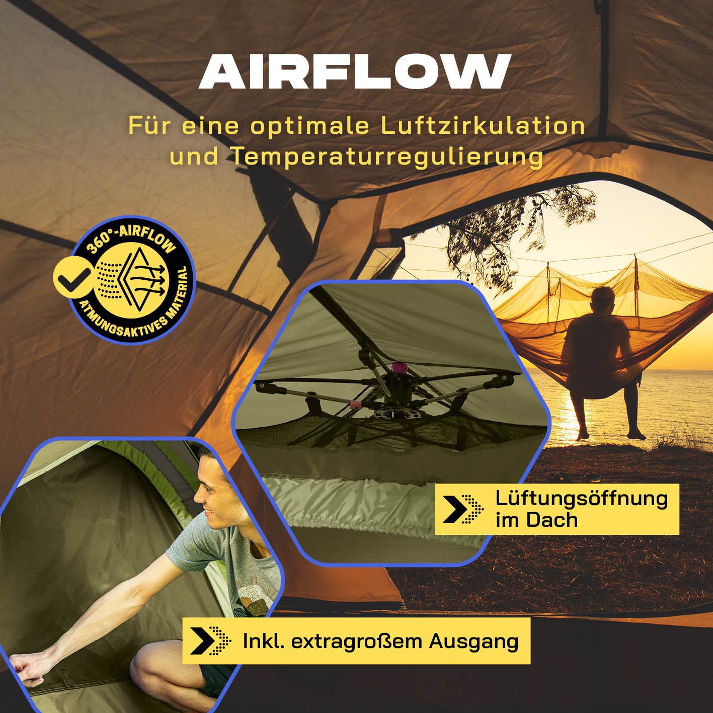 Pop up Wurfzelt für 3 Personen - Grün mit optimaler Luftzirkulation, großer Lüftungsöffnung und extra großem Ausgang für komfortables Camping.