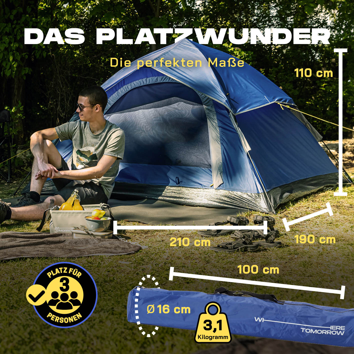 Pop up Wurfzelt für 3 Personen - Blau, leichtes, 3,1 kg, wetterfestes Zelt mit Quick-Up-Aufbau, 210x190x110 cm, ideal für Outdoor-Einsätze.