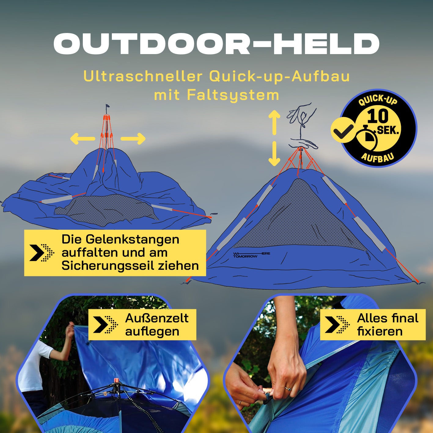 Pop up Wurfzelt für 3 Personen - Blau mit ultraschnellem Quick-up-Aufbau in 10 Sekunden, wetterfest und ideal für Outdoor-Abenteuer.