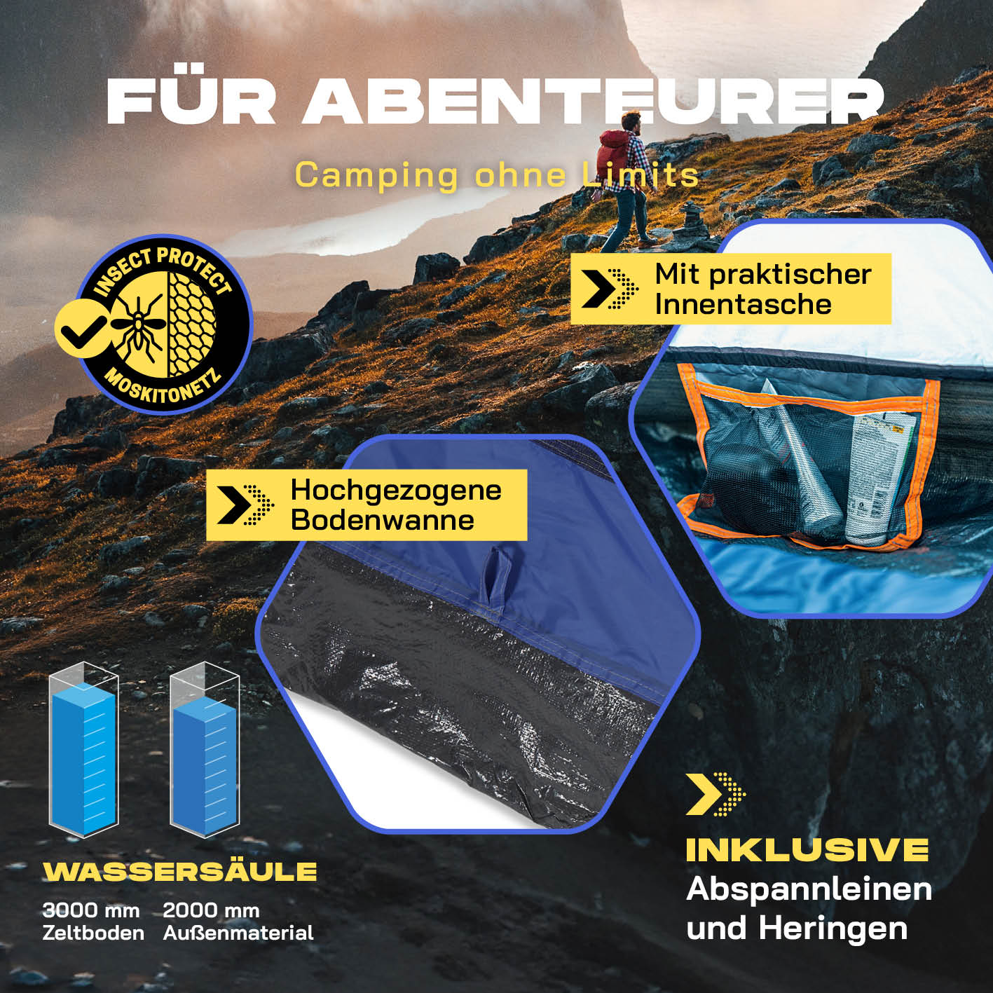 Pop up Wurfzelt für 3 Personen - Blau mit praktischer Innentasche, hochgezogener Bodenwanne und wetterfestem Material für Outdoor-Abenteuer.