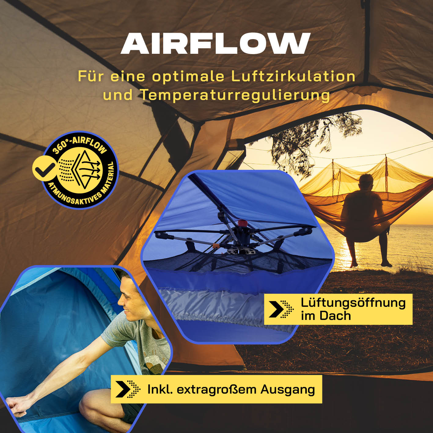 Pop up Wurfzelt für 3 Personen - Blau mit 360° Luftzirkulation, Dachlüftung und extragroßem Ausgang für optimale Belüftung und Temperaturregulierung.