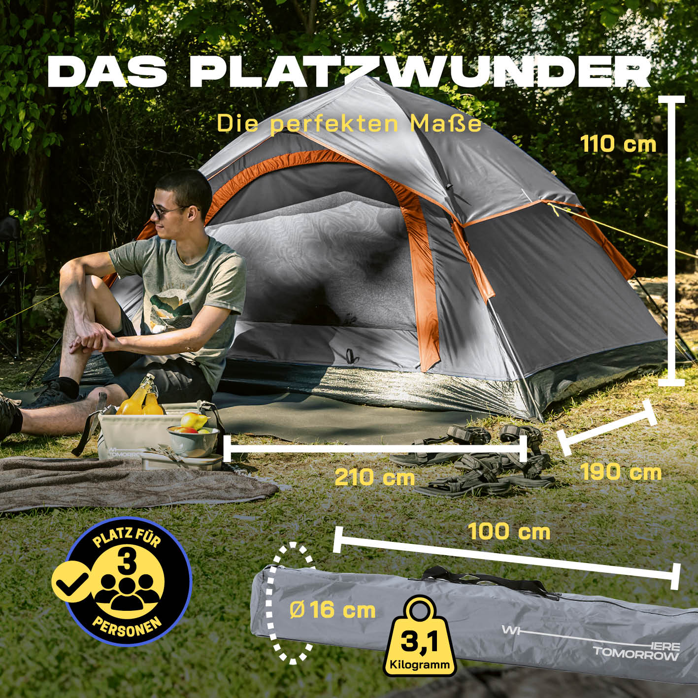 Pop up Wurfzelt für 3 Personen - Grau mit 3 Personen Platz, 210x190x110 cm, 3,1 kg, ideal für Outdoor, Camping und Festivals.