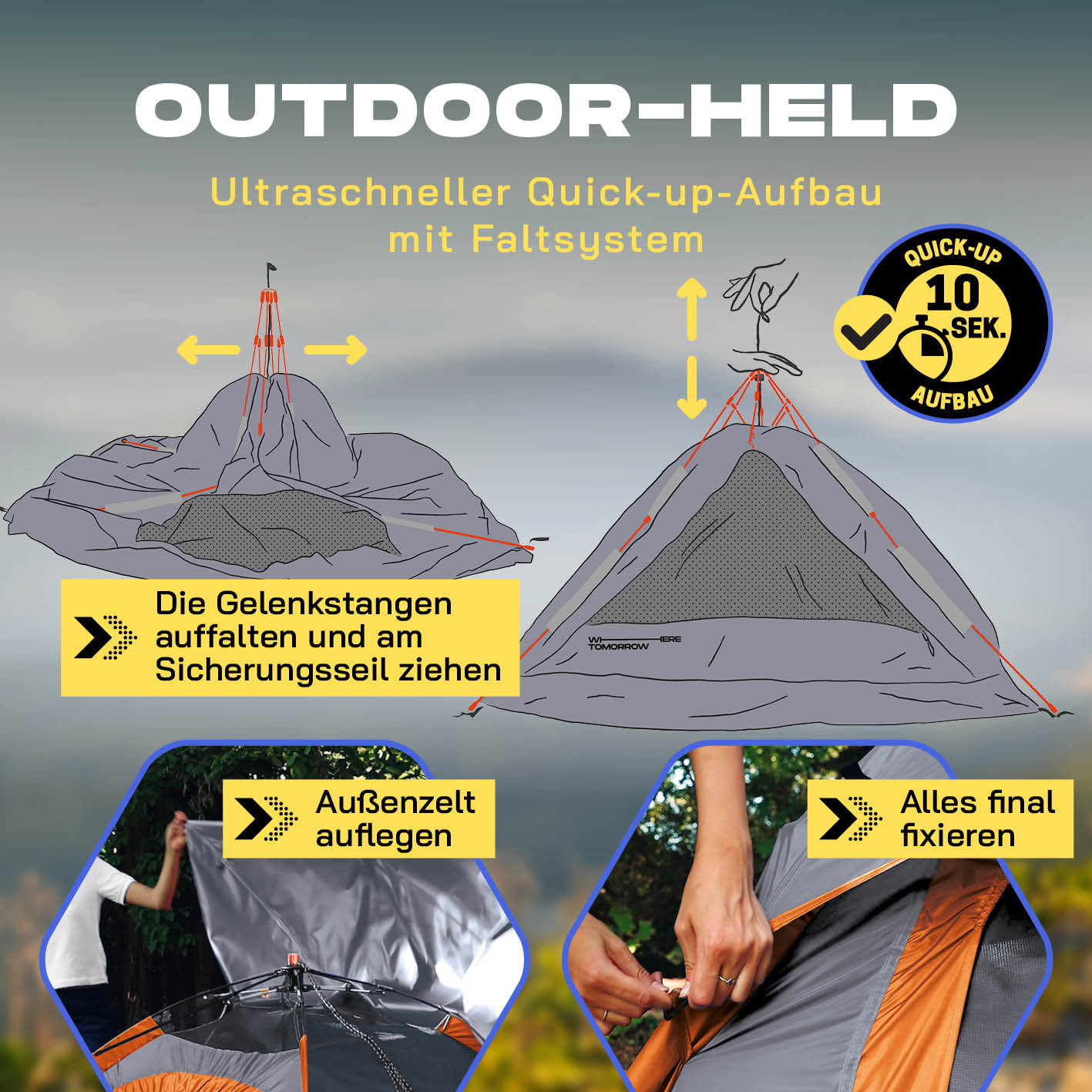 Pop up Wurfzelt für 3 Personen - Grau mit ultraschnellem Quick-up-Aufbau, wasserfest, winddicht und praktischem Faltsystem.