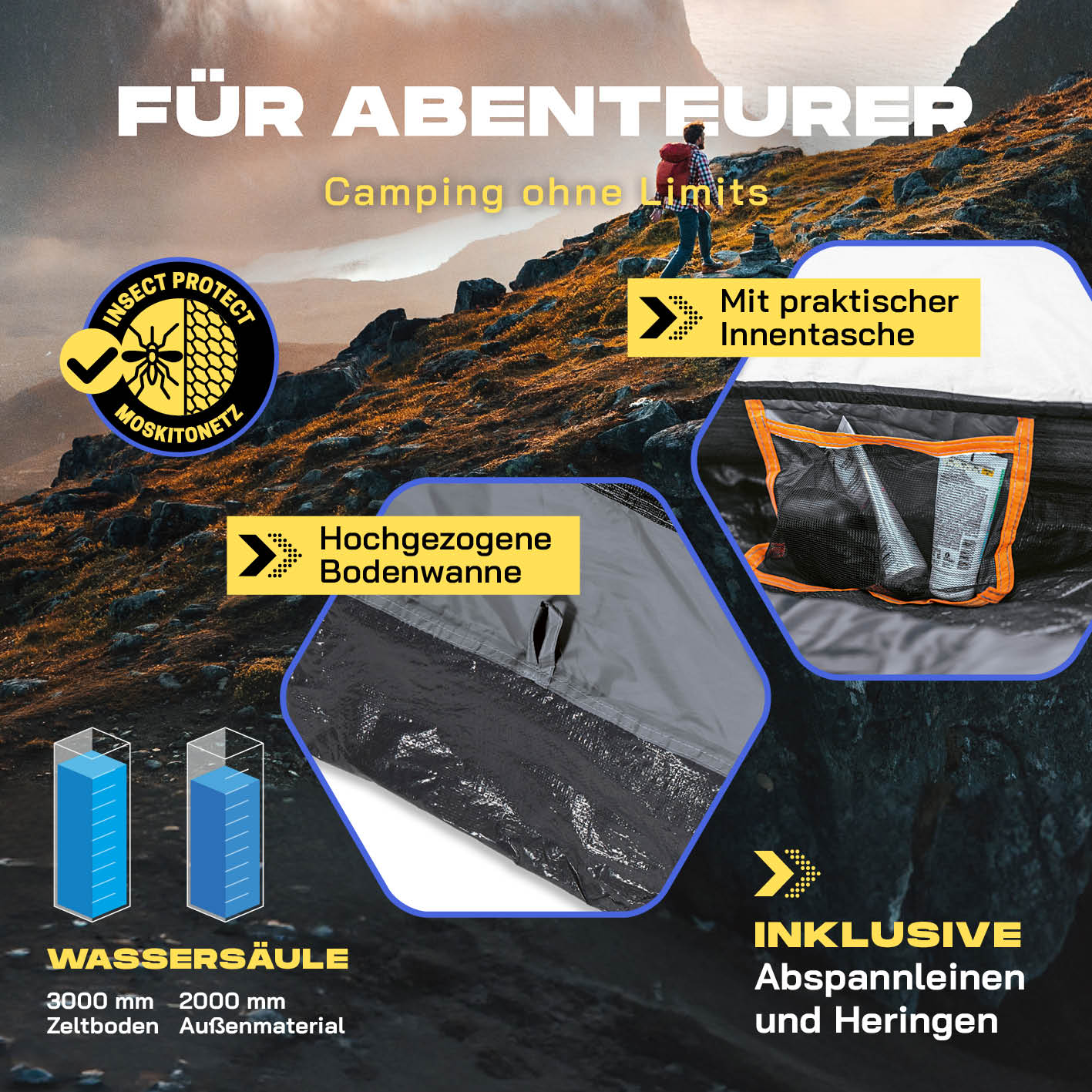 Pop up Wurfzelt für 3 Personen - Grau mit praktischer Innentasche, hoher Bodenwanne, wasserdicht und Insektenschutz für Outdoor-Abenteuer.