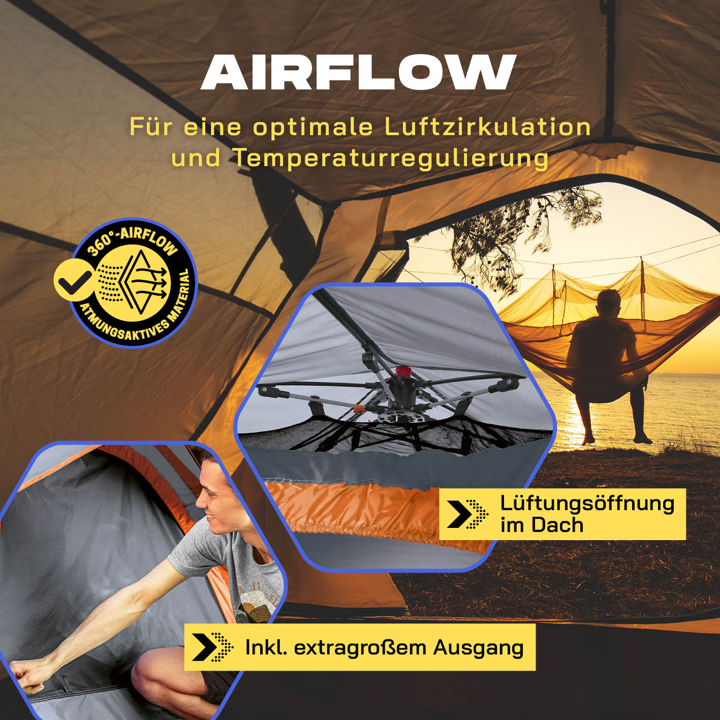 Pop up Wurfzelt für 3 Personen - Grau mit 360° Luftzirkulation, Dachlüftung und extragroßem Ausgang für optimalen Komfort.