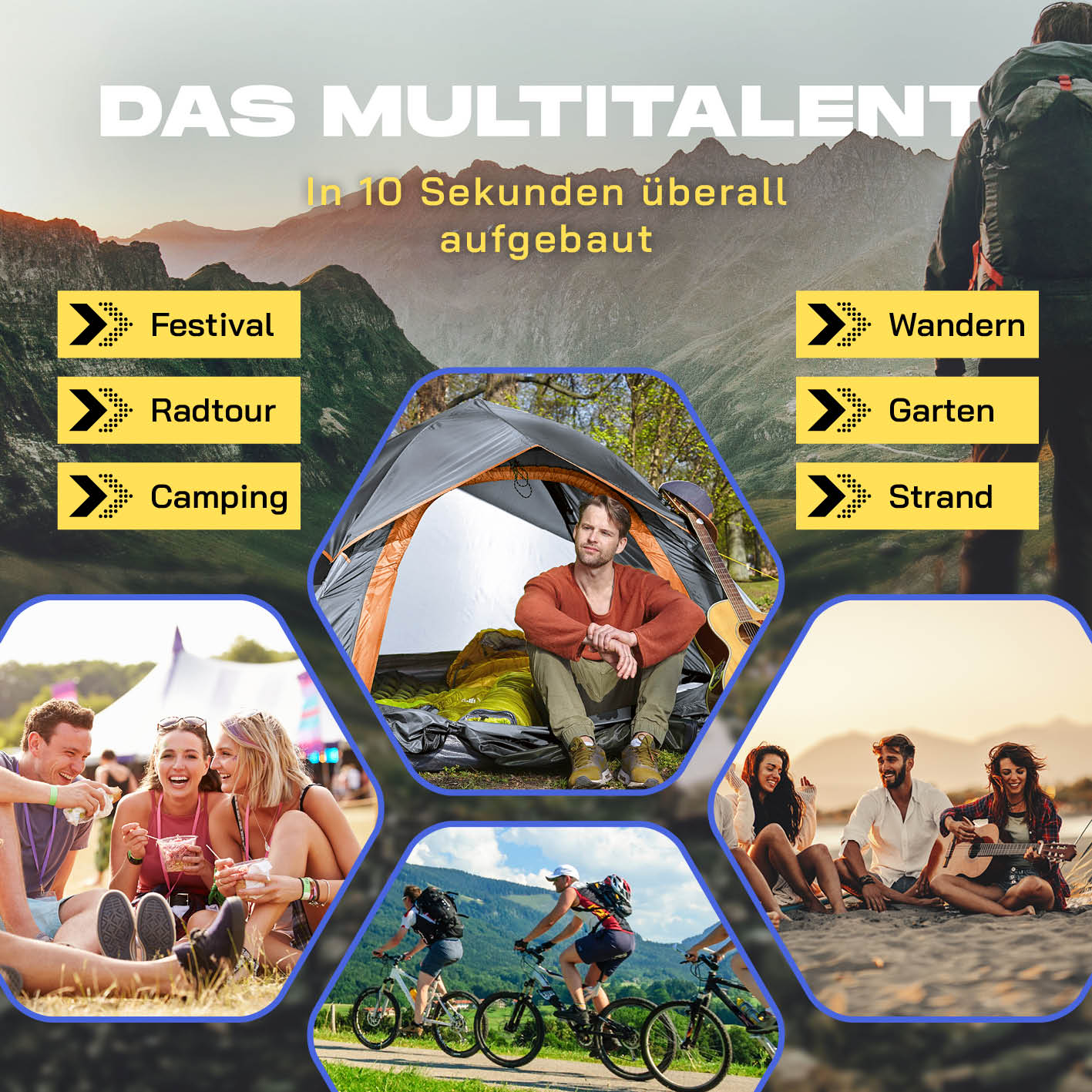 Pop up Wurfzelt für 3 Personen - Grau, leicht, wasserdicht, in 10 Sekunden aufgebaut, ideal für Festival, Camping, Strand und Wandern.