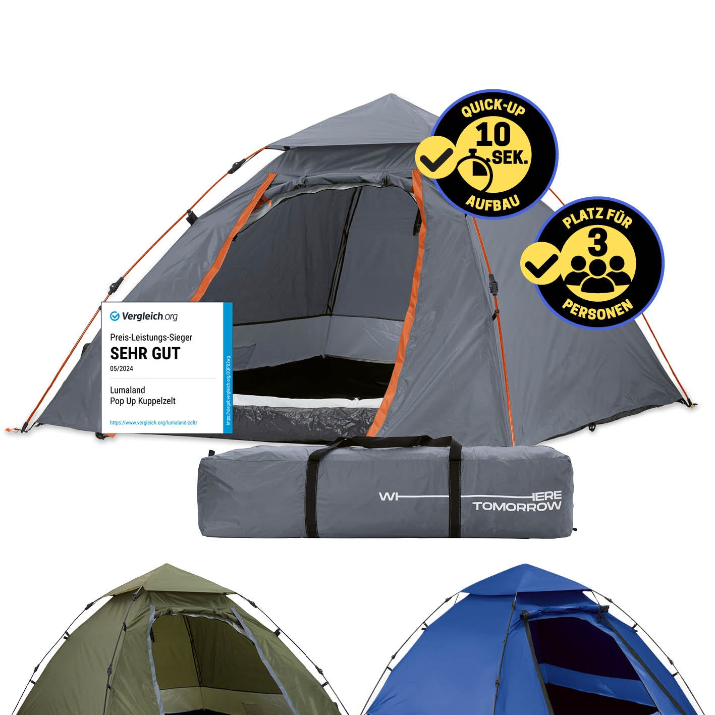 Pop up Kuppelzelt für 3 Personen - Grau, leicht, wasserfest, schneller Aufbau in 10 Sekunden, ideal für Outdoor, Reisen, Festivals, Strand.