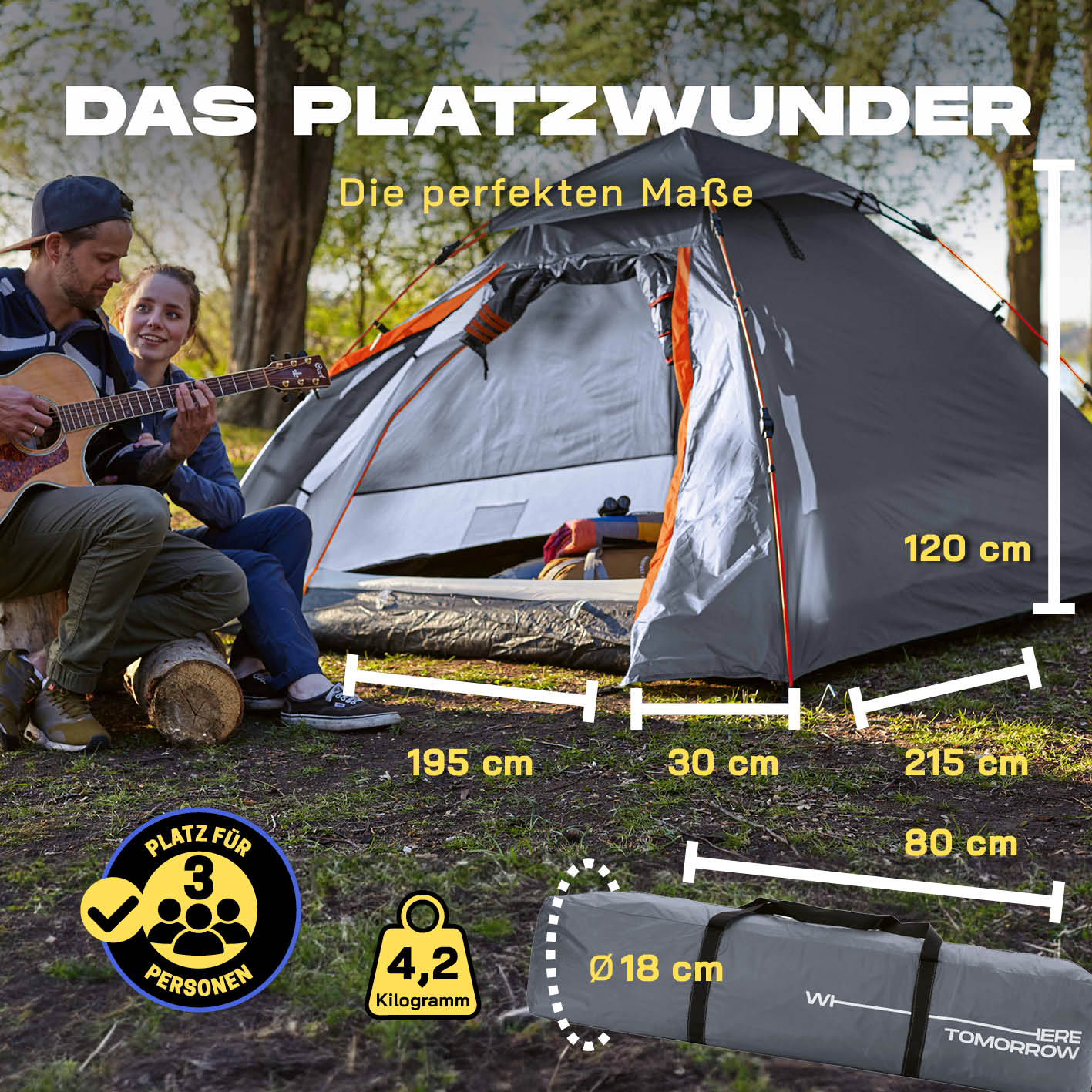 Pop up Kuppelzelt für 3 Personen - Grau, leicht, wasserdicht, 3 Personen, schneller Aufbau, ideal fürs Camping und Outdoor-Abenteuer.