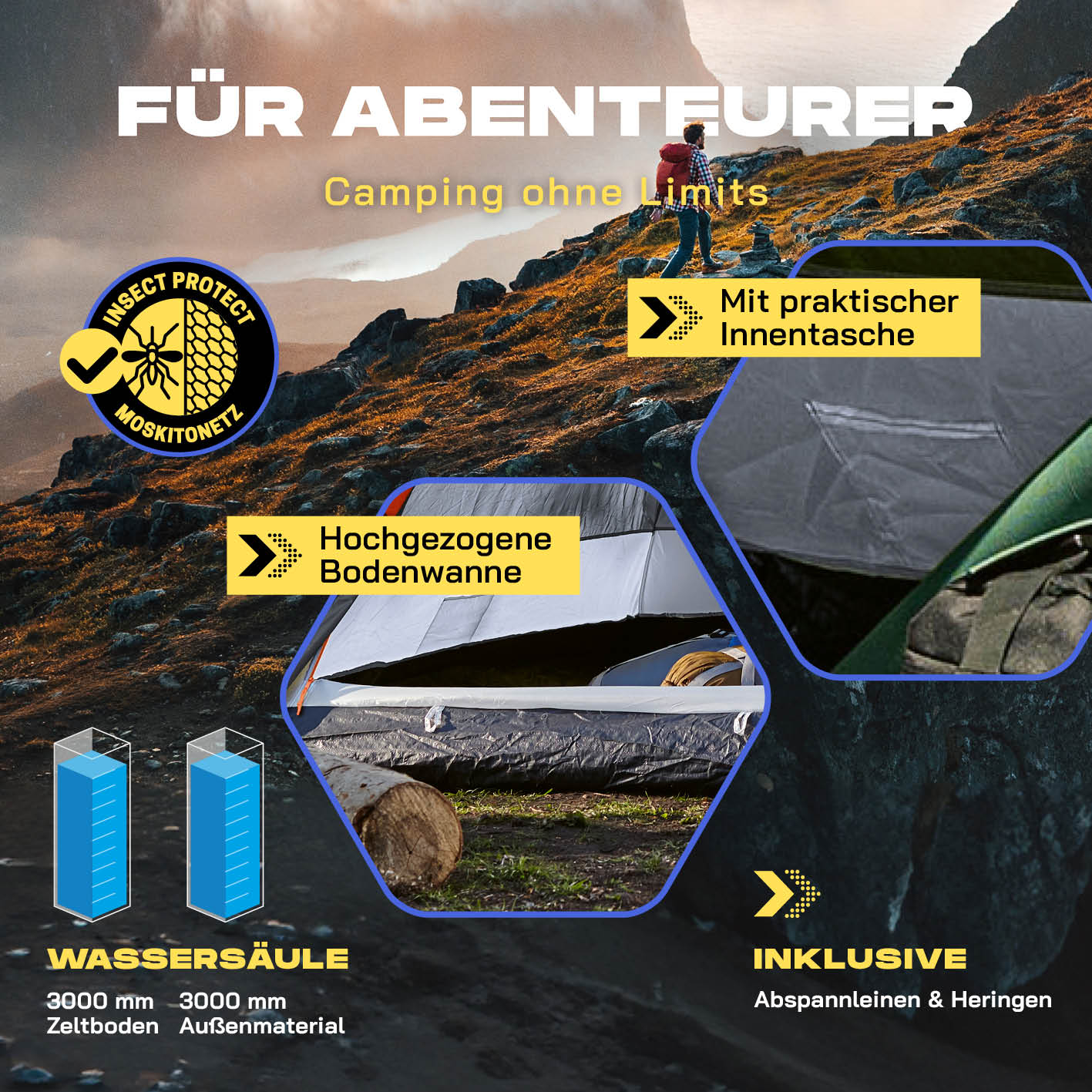Pop up Kuppelzelt für 3 Personen - Grau mit Moskitonetz, Innentasche, hochgezogener Bodenwanne und wetterfestem Material.