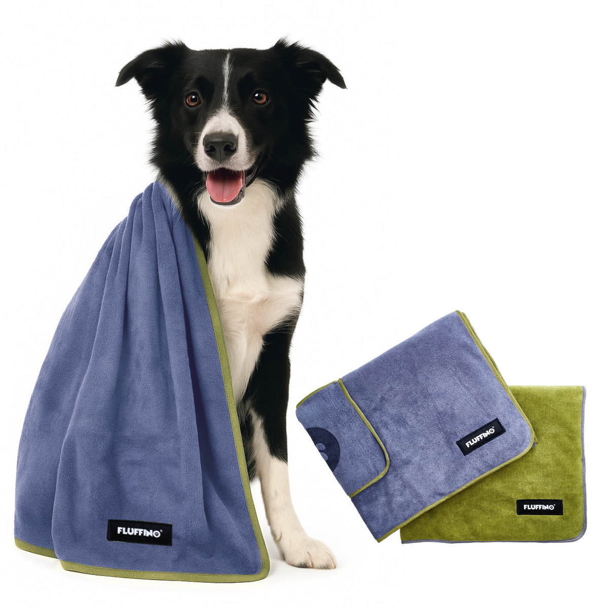 Hundehandtuch Mikrofaser – 2er-Pack - 120 x 70 cm - Grau & Grün mit Hund und zwei Handtüchern