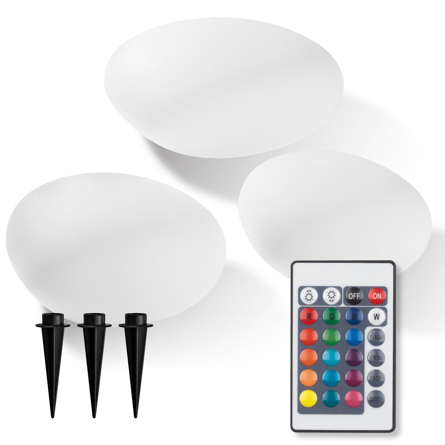 Solar-Leuchten Set Stein flach - 3er-Set mit LEDs, Fernbedienung und Erdspießen in dekorativer Stein-Optik, wetterfest IP67.