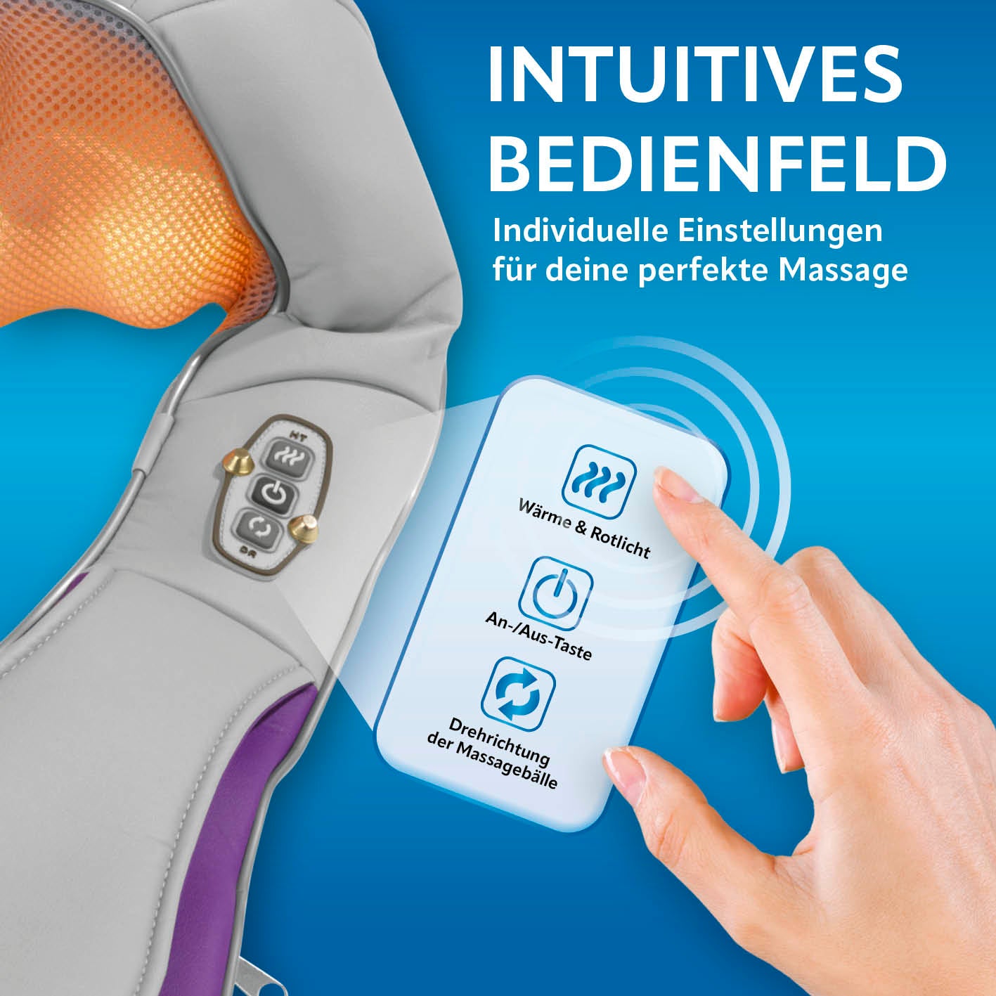 Shiatsu-Massagegerät - 4 Massagebälle mit intuitivem Bedienfeld, zuschaltbarer Wärmefunktion und individuell anpassbarer Drehrichtung.