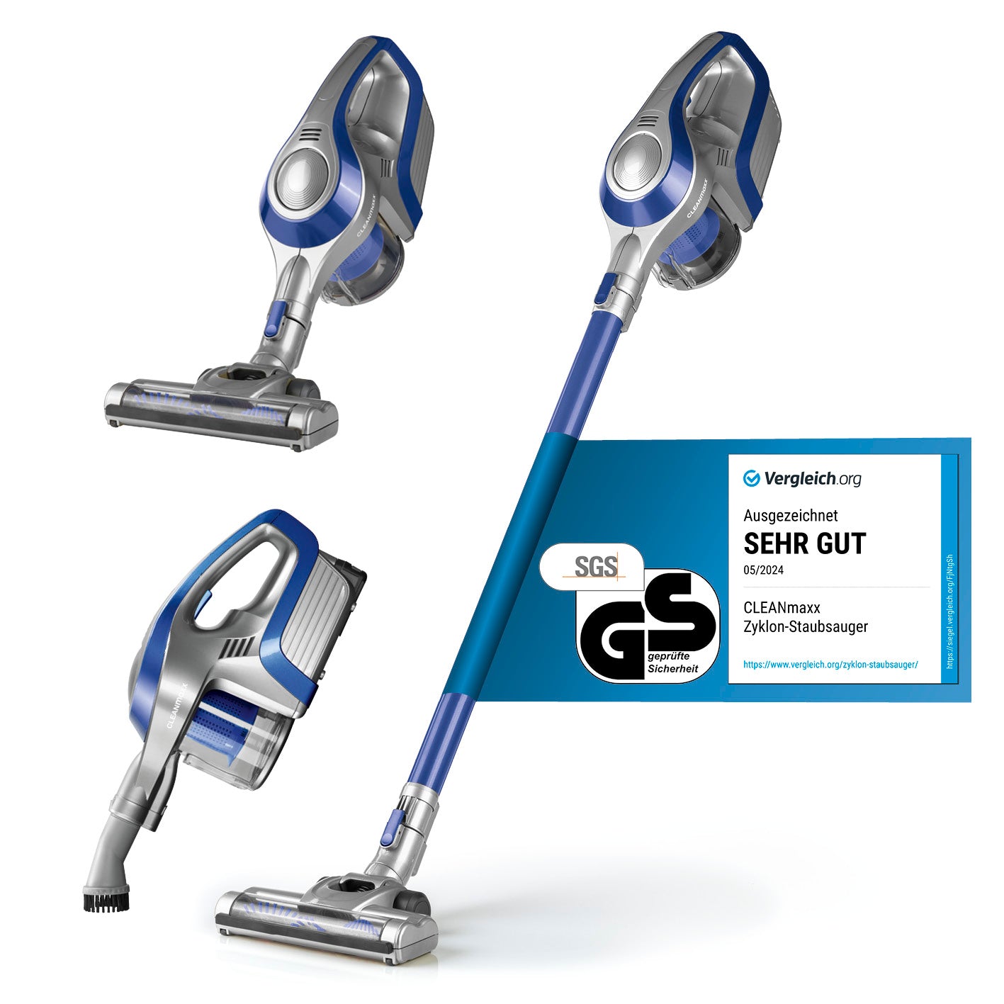 Akku-Zyklonstaubsauger - blau/silber als flexibler 2in1 Staubsauger mit Verlängerungsrohr und starker Zyklon-Technologie.