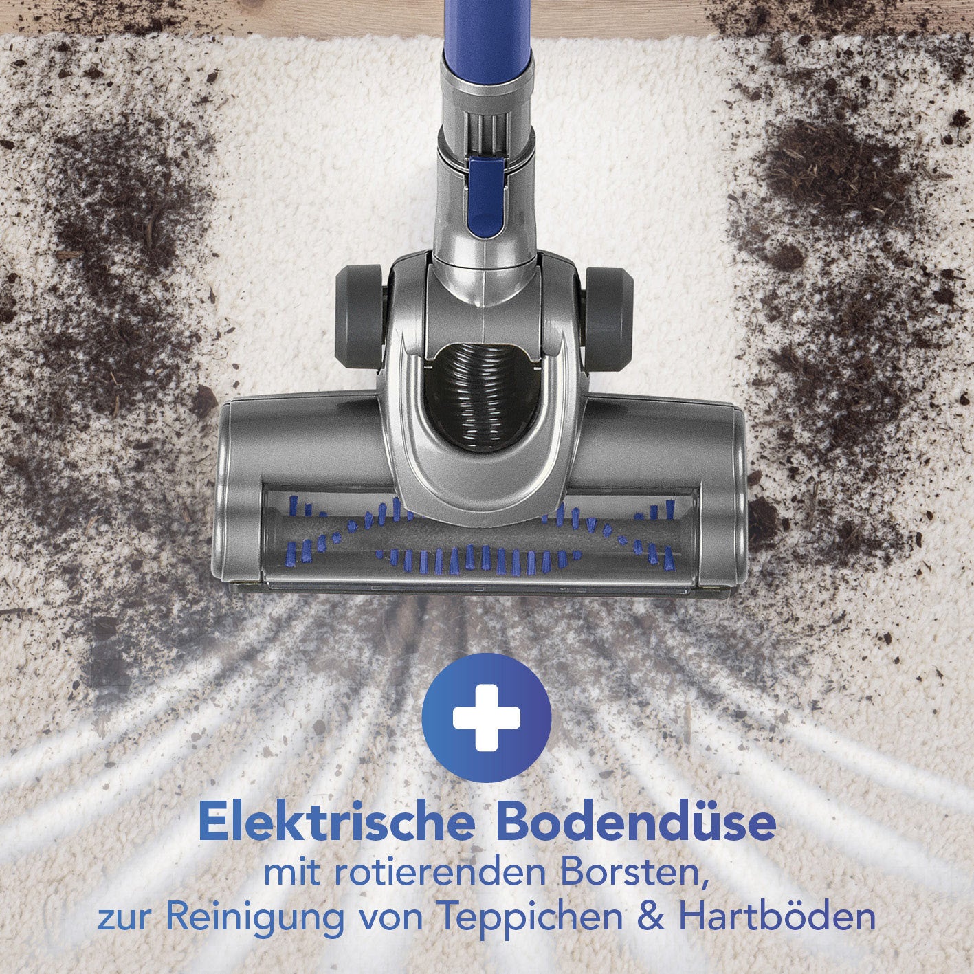 Akku-Zyklonstaubsauger - blau/silber mit elektrischer Bodendüse reinigt Teppiche und Hartböden gründlich und kabellos.