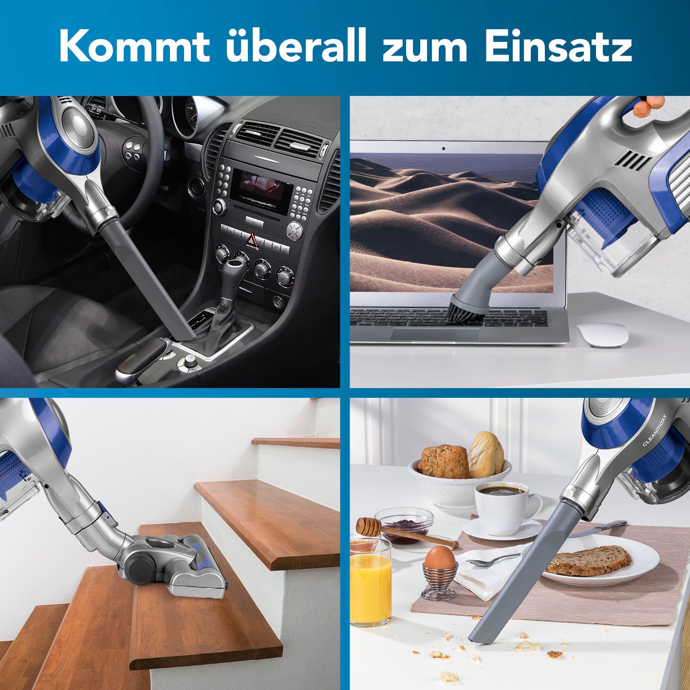 Akku-Zyklonstaubsauger - blau/silber mit 2in1-Funktion für Auto, Tastatur, Treppen und Tisch flexibel und kabellos reinigen.