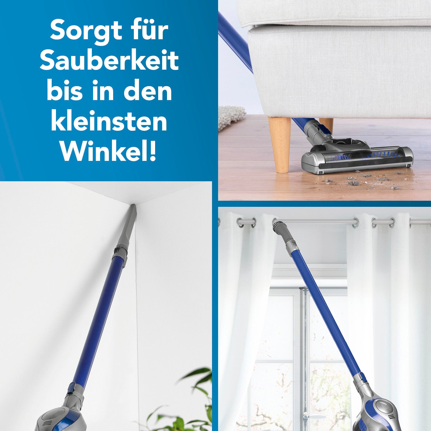 Akku-Zyklonstaubsauger - blau/silber reinigt effektiv Böden und schwer zugängliche Stellen mit flexiblem 2in1-Design und Verlängerungsrohr.