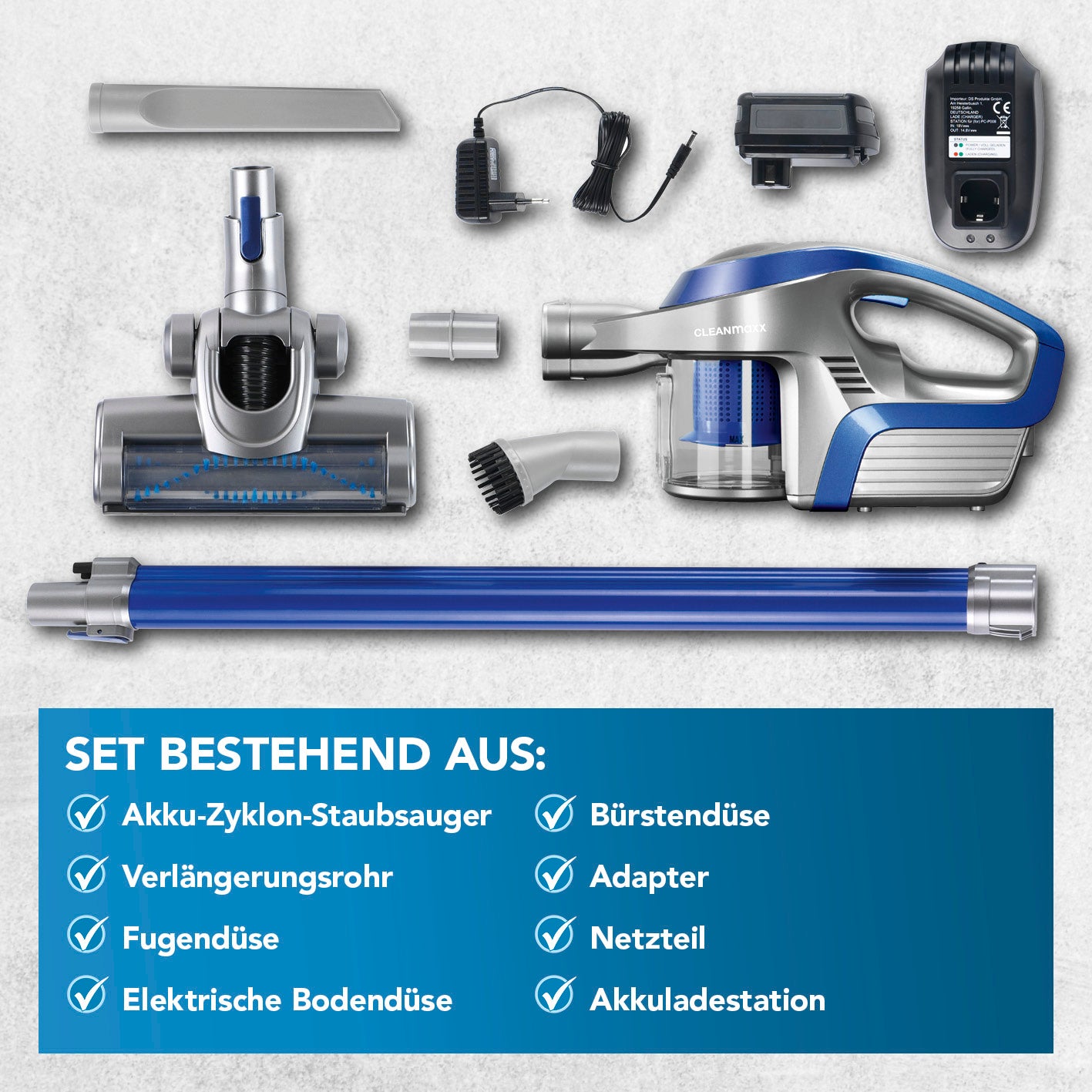 Akku-Zyklonstaubsauger - blau/silber mit Zubehör wie Verlängerungsrohr, Bürstendüse, Fugendüse und Ladestation für flexible Reinigung.