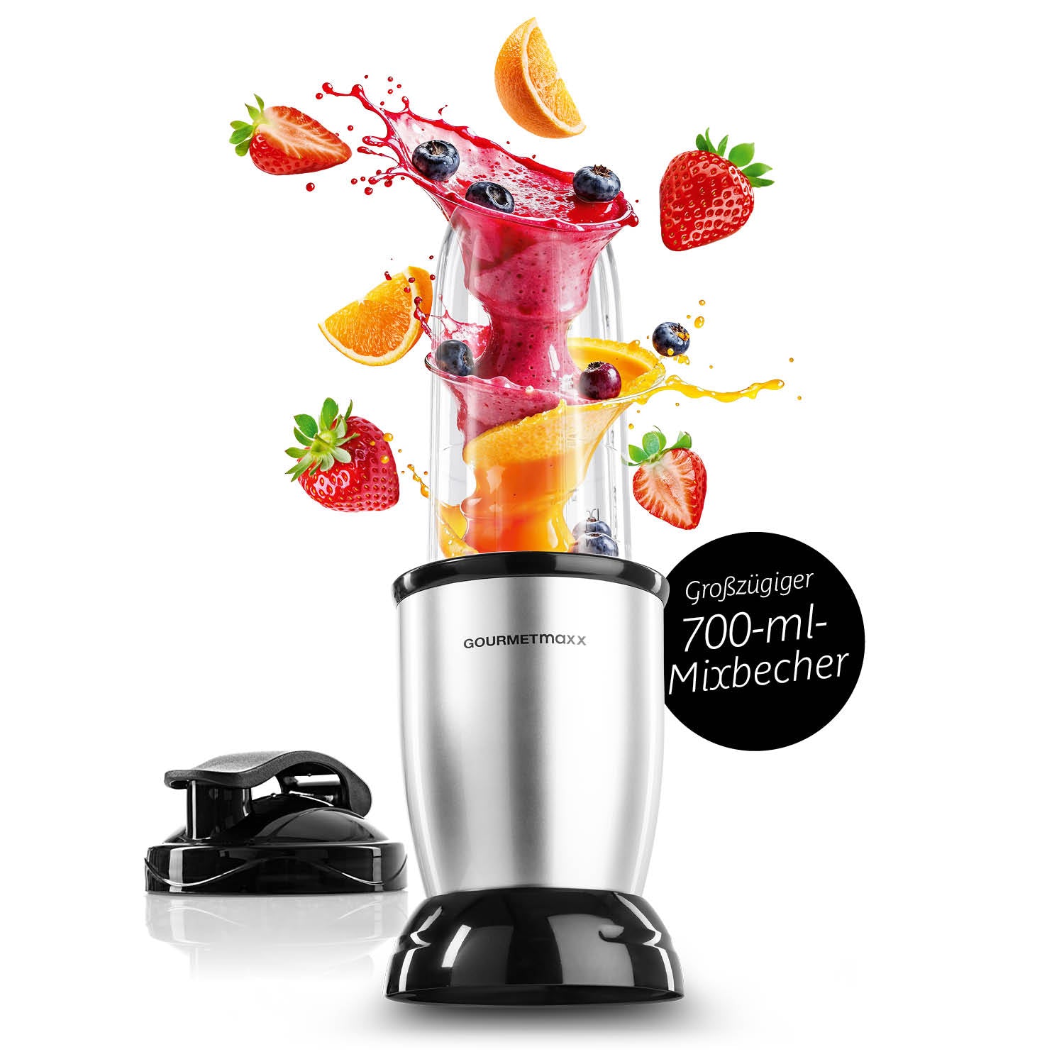 Nutrition Mixer Silber/Schwarz mit 700-ml-Mixbecher, 500-Watt-Motor für schnelle Zubereitung von Smoothies und Shakes.