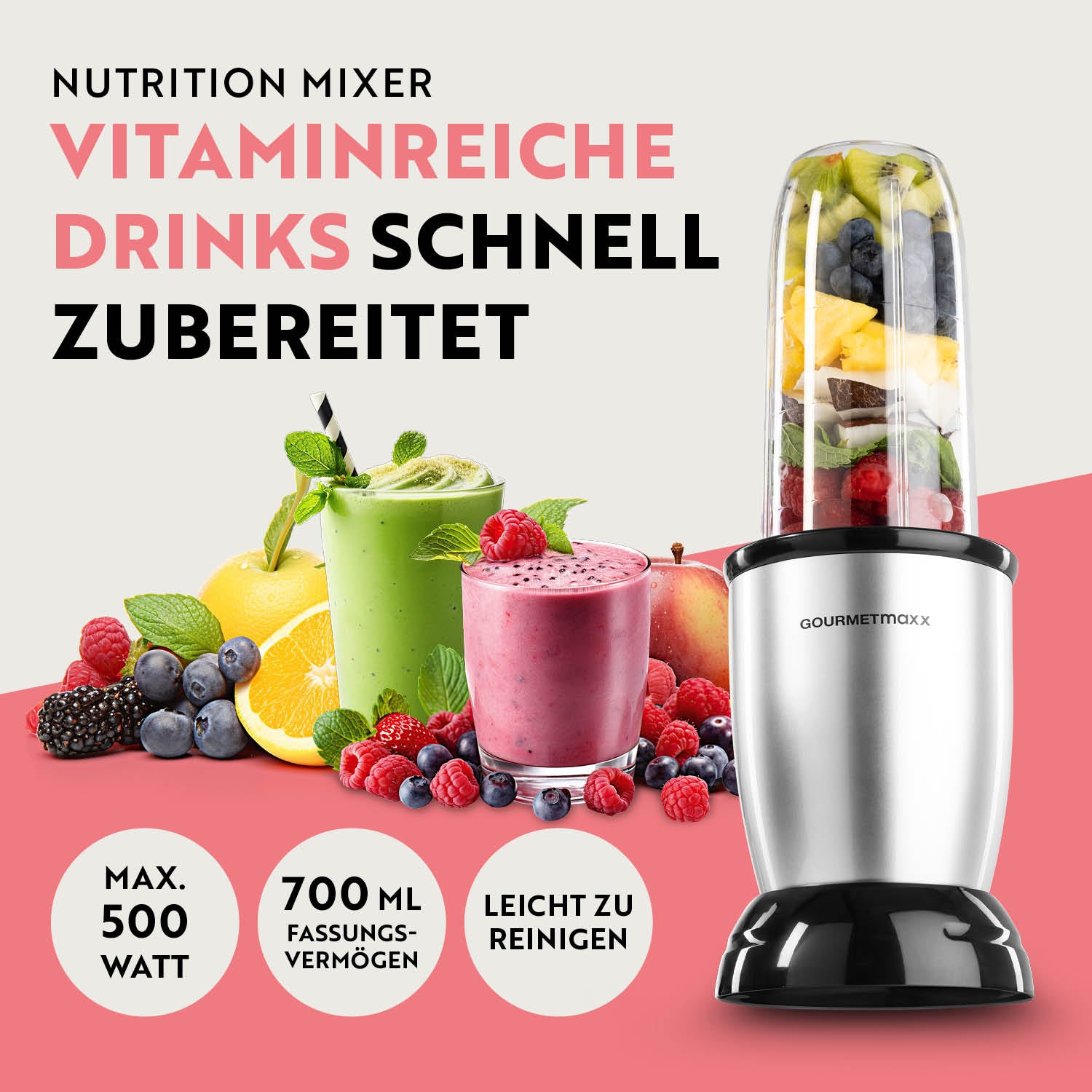 Nutrition Mixer Silber/Schwarz mit 500W Motor, 700ml Becher, schnell und leicht zu reinigen für vitaminreiche Drinks.