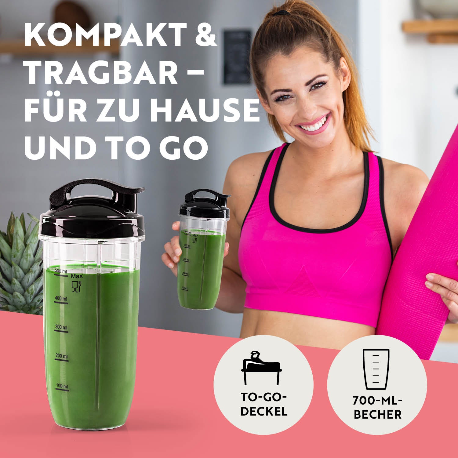 Nutrition Mixer Silber/Schwarz mit 700-ml-Becher und To-go-Deckel, kompakt und ideal für zu Hause und unterwegs.