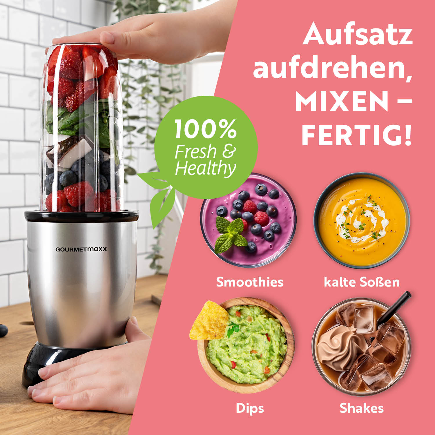 Nutrition Mixer Silber/Schwarz mit 500 Watt Leistung, To-go-Deckel und 700-ml-Becher für Smoothies, Dips, Shakes und kalte Soßen.