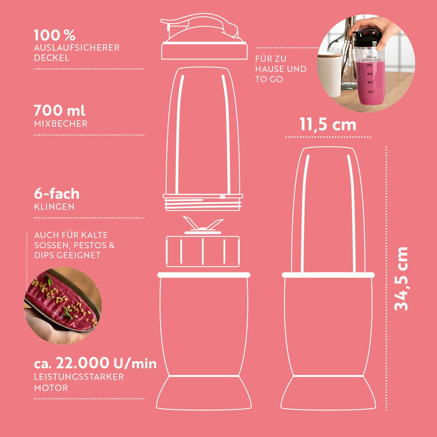 Nutrition Mixer Silber/Schwarz mit 700 ml Mixbecher, auslaufsicherem Deckel, 6 Klingen und 22.000 U/min für schnelles Mixen.