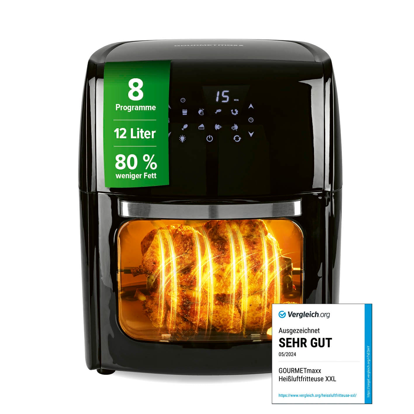 Digitale Heißluftfritteuse - 12 l mit 8 Programmen, Drehspieß, Touchdisplay und 80 % weniger Fett für gesundes Frittieren.