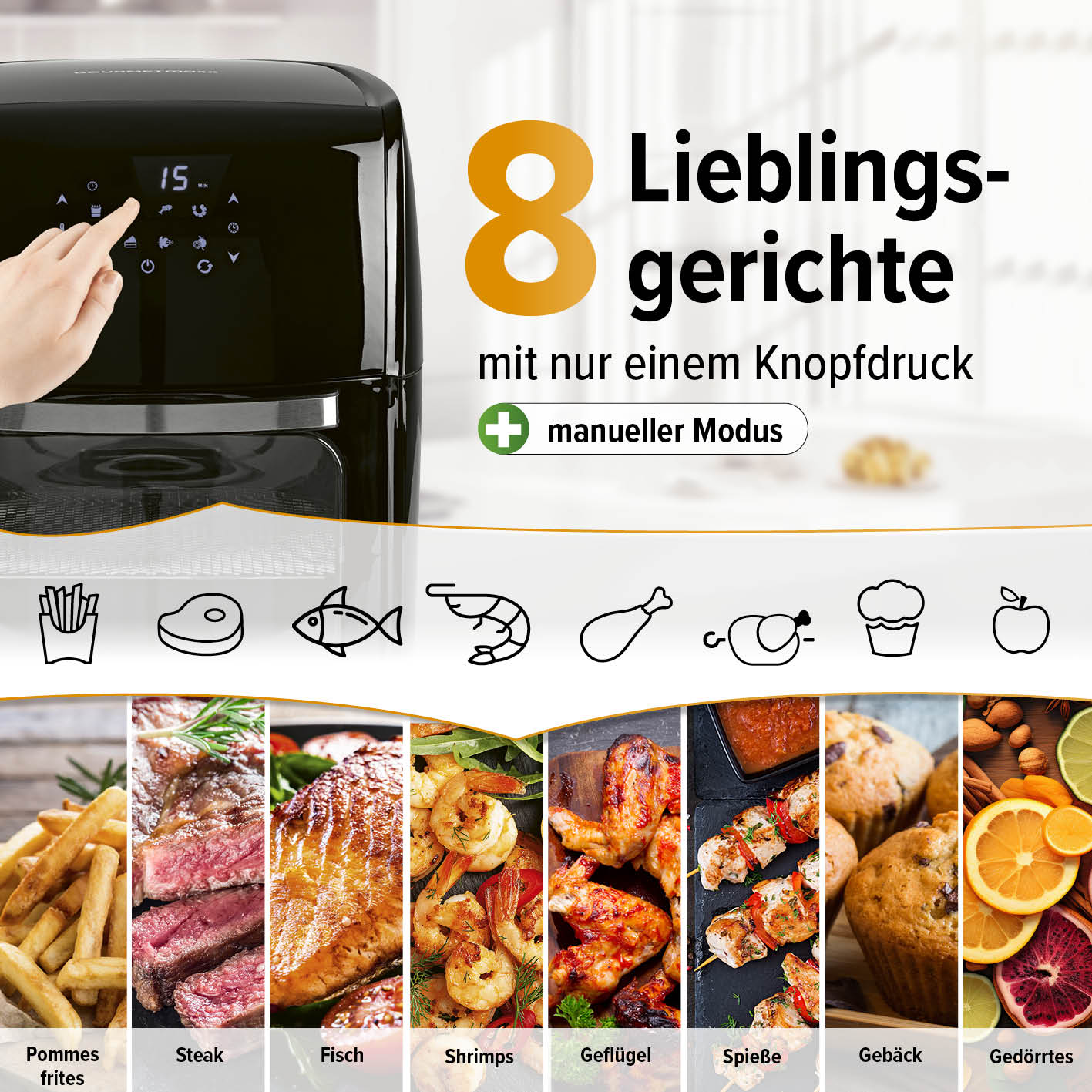 Digitale Heißluftfritteuse - 12 l mit Touchdisplay, 8 Programmen für Pommes, Steak, Fisch, Geflügel, Gebäck und mehr, schneller Garprozess.