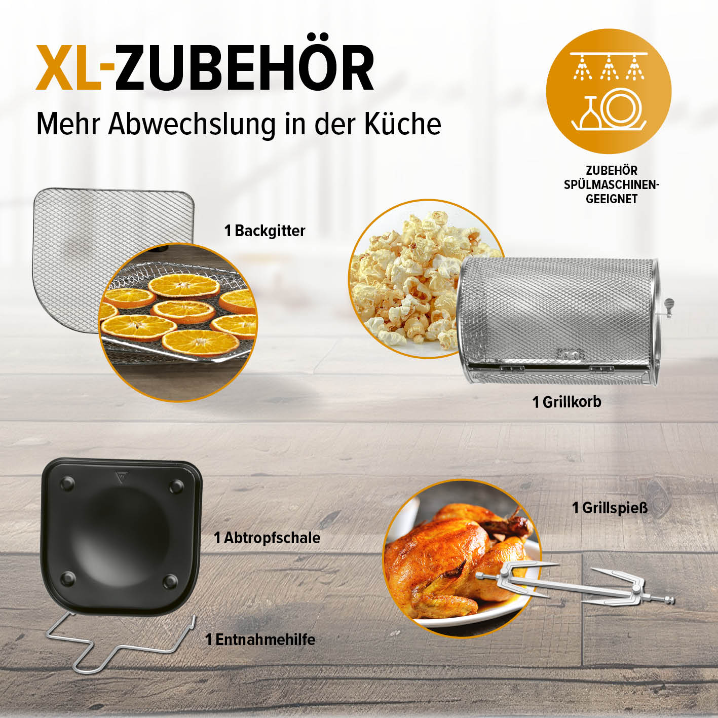 Digitale Heißluftfritteuse - 12 l Zubehörset mit Backgitter, Grillkorb, Abtropfschale und Grillspieß für vielseitiges fettarmes Frittieren.