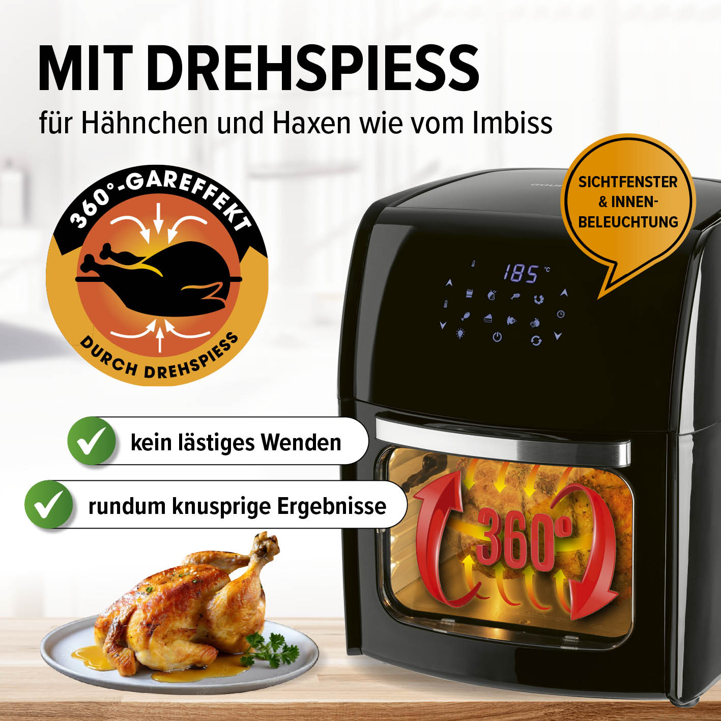 Digitale Heißluftfritteuse - 12 l mit Drehspieß, 360° Rapid Air Technology, Sichtfenster und Touchdisplay für fettarmes Grillhähnchen.