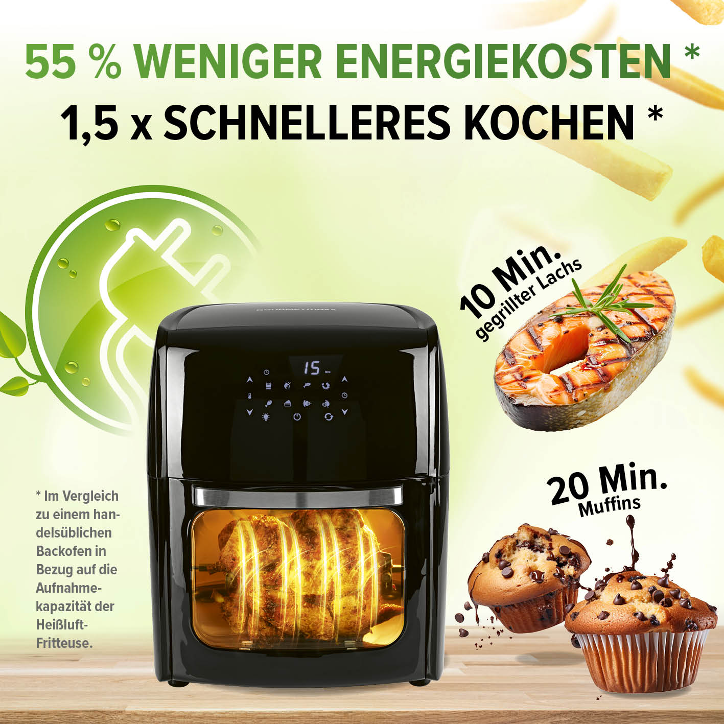 Digitale Heißluftfritteuse - 12 l mit 1800 W, 360° Rapid Air, schnelles Garen, Energiesparen und vielseitigen Kochfunktionen.