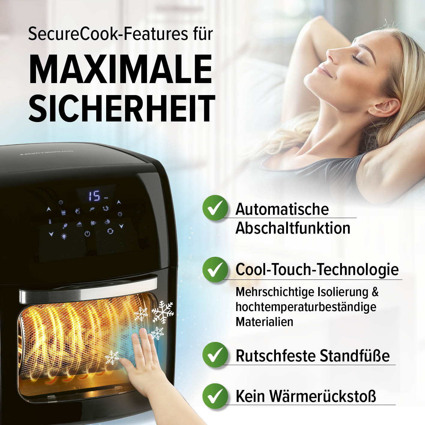 Digitale Heißluftfritteuse - 12 l mit Sicherheitsfunktionen wie Abschaltautomatik, Cool-Touch-Technologie und rutschfesten Standfüßen.
