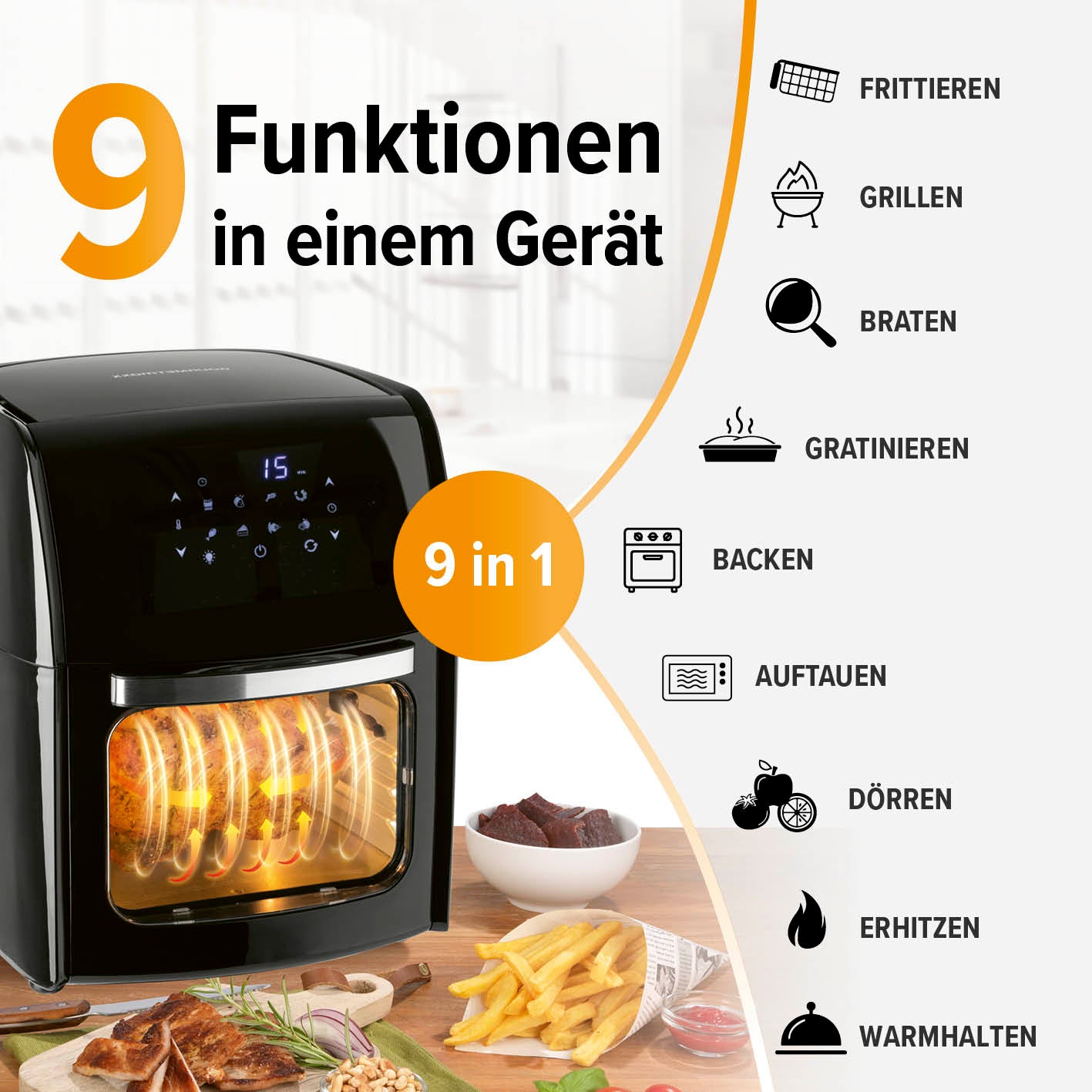 Digitale Heißluftfritteuse - 12 l mit 9 Funktionen wie Frittieren, Grillen, Backen, Braten, Dörren, Auftauen, Erhitzen, Warmhalten.