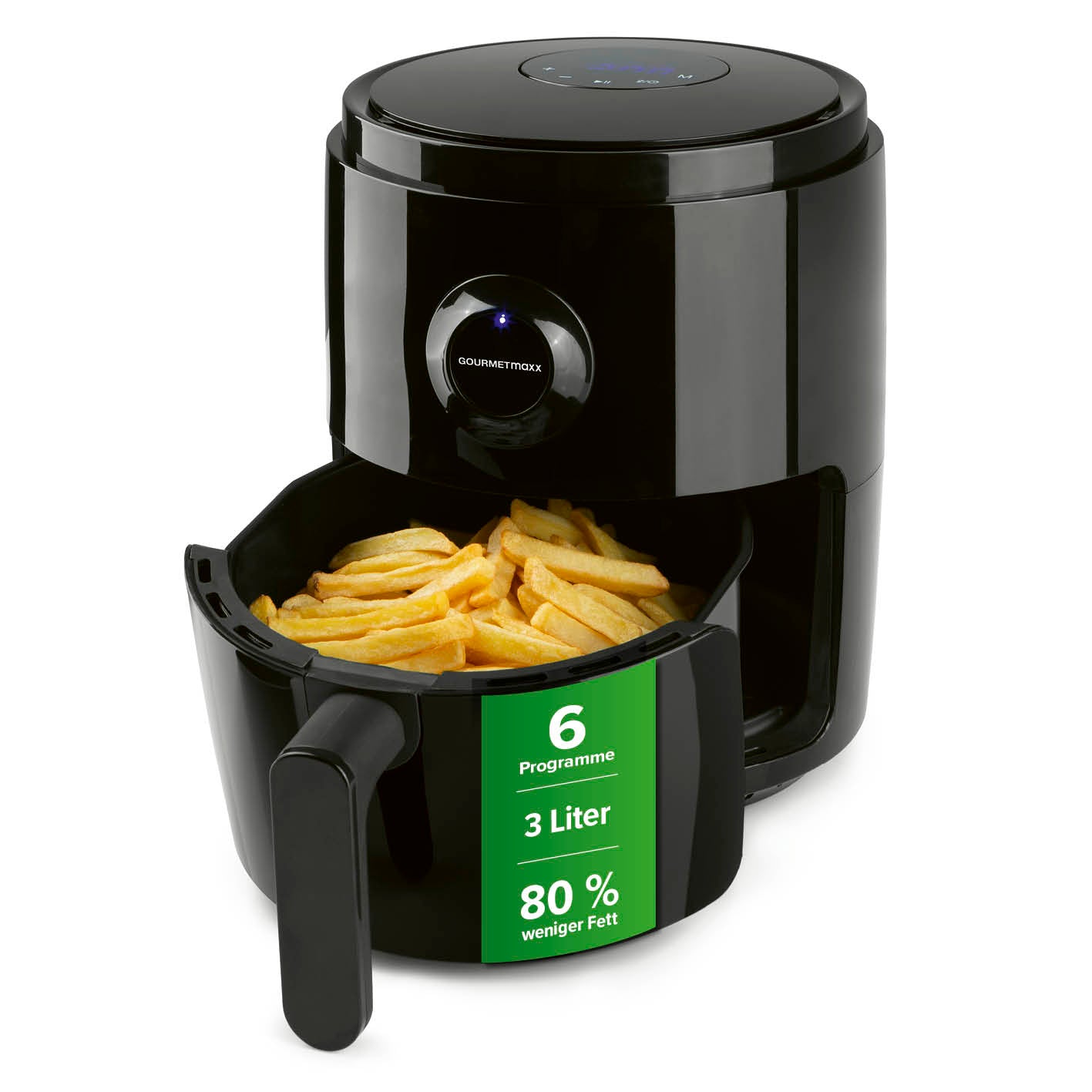 Heißluftfritteuse - 3 l mit 6 Programmen, 3 Liter Fassungsvermögen, fettarm und energiesparend für schnelle Zubereitung.