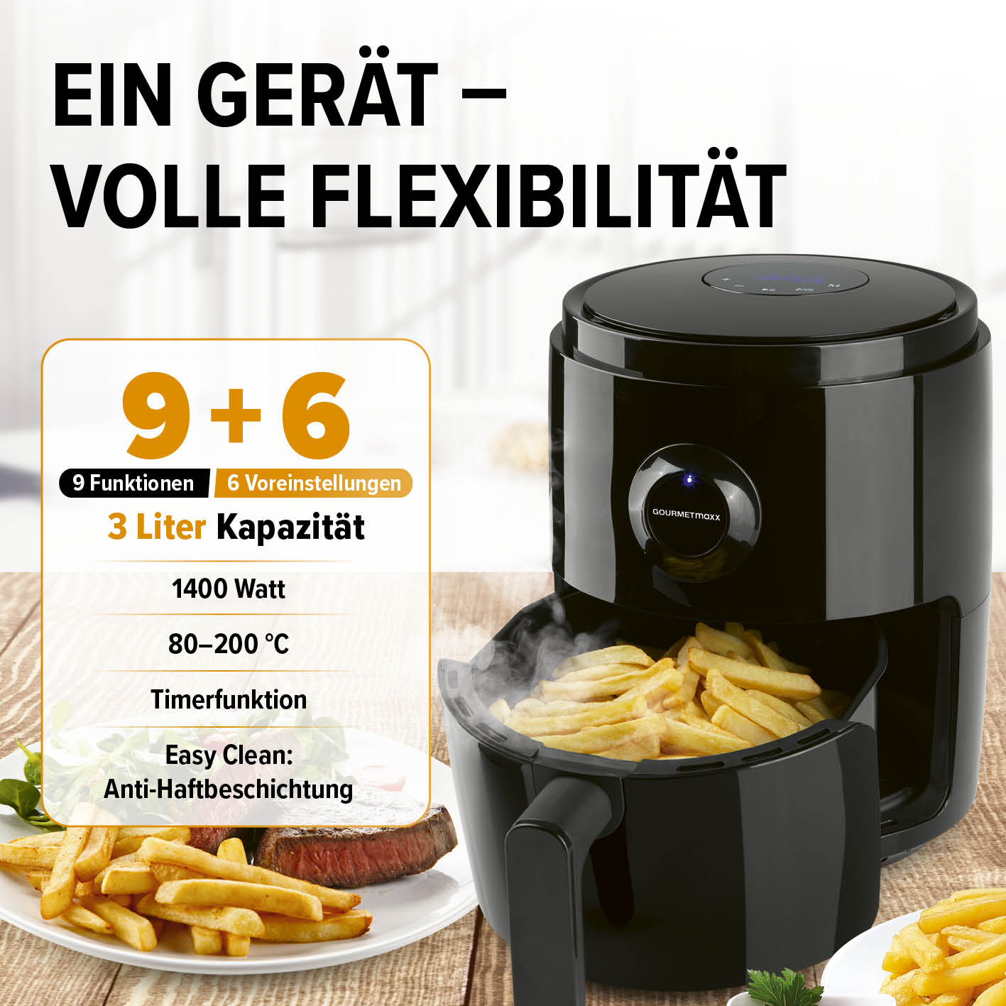Heißluftfritteuse - 3 l mit 1400 W, 9 Funktionen, 6 Programmen, 3 Liter Kapazität und Anti-Haftbeschichtung für fettarmes Frittieren.