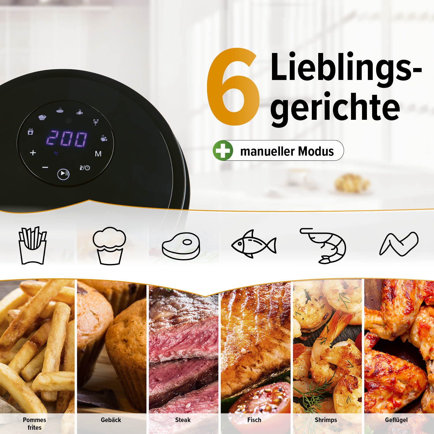 Heißluftfritteuse - 3 l mit 6 Programmen für Pommes, Gebäck, Fleisch, Fisch, Shrimps und Geflügel, 200° max., manueller Modus.