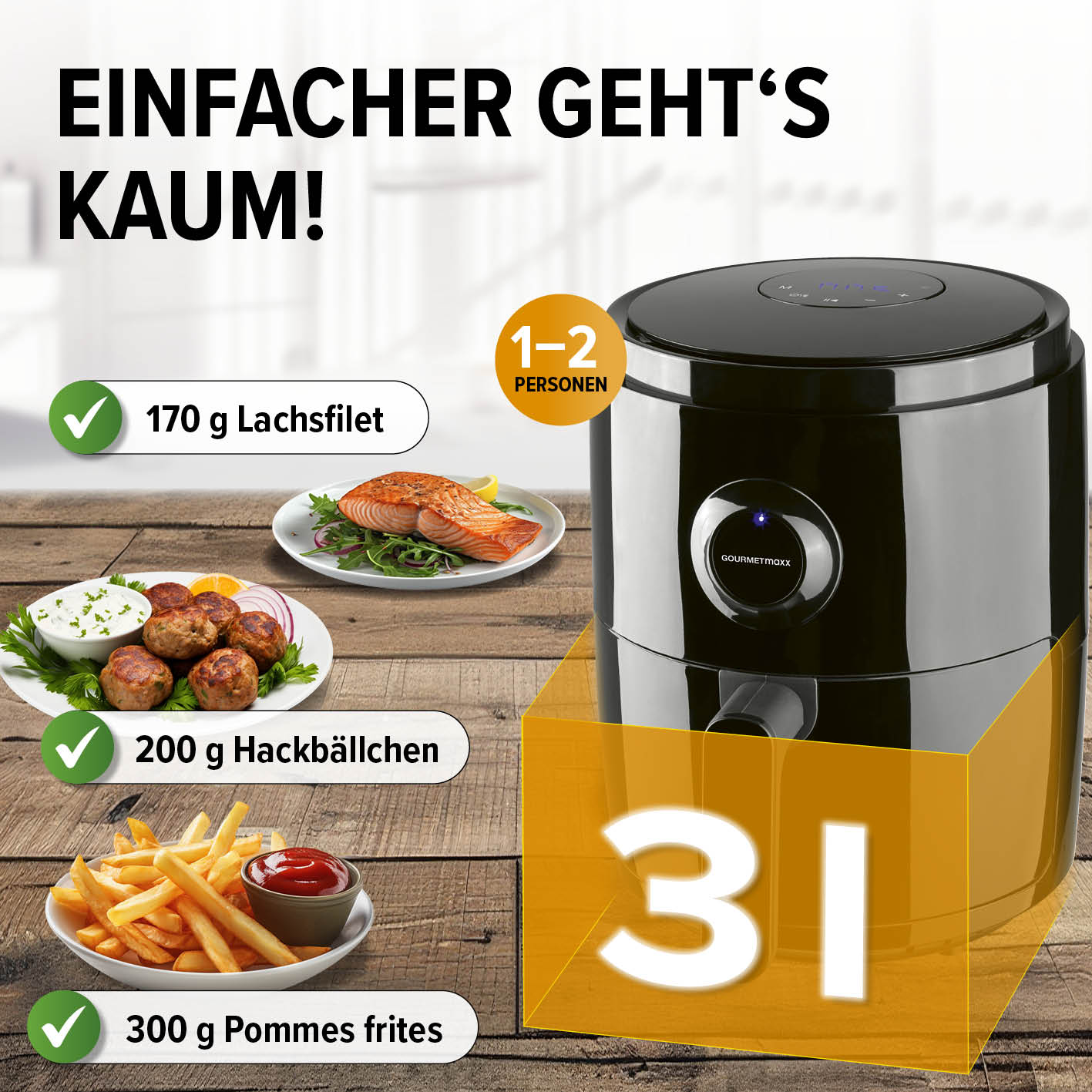 Heißluftfritteuse - 3 l mit 1400 W, 360° Luftzirkulation, ideal für 1-2 Personen, fettarmes Frittieren und vielseitige Programme.