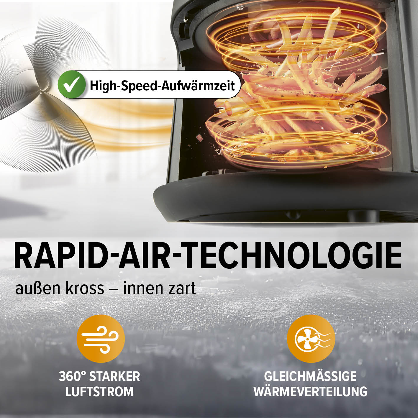 Heißluftfritteuse - 3 l mit Rapid-Air-Technologie, 360° Luftzirkulation und schneller High-Speed-Aufwärmzeit für fettarmes Frittieren.