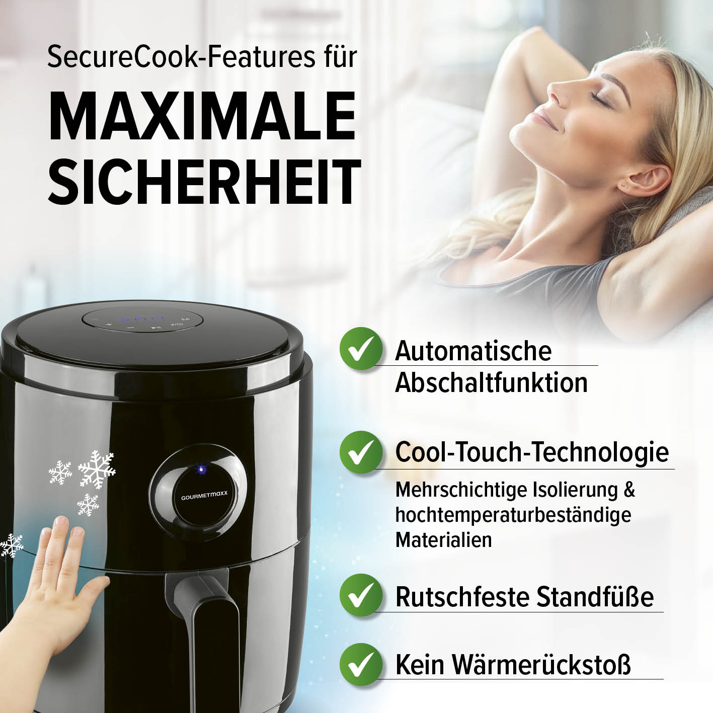 Heißluftfritteuse - 3 l mit automatischer Abschaltfunktion, Cool-Touch-Technologie und rutschfesten Standfüßen für maximale Sicherheit.