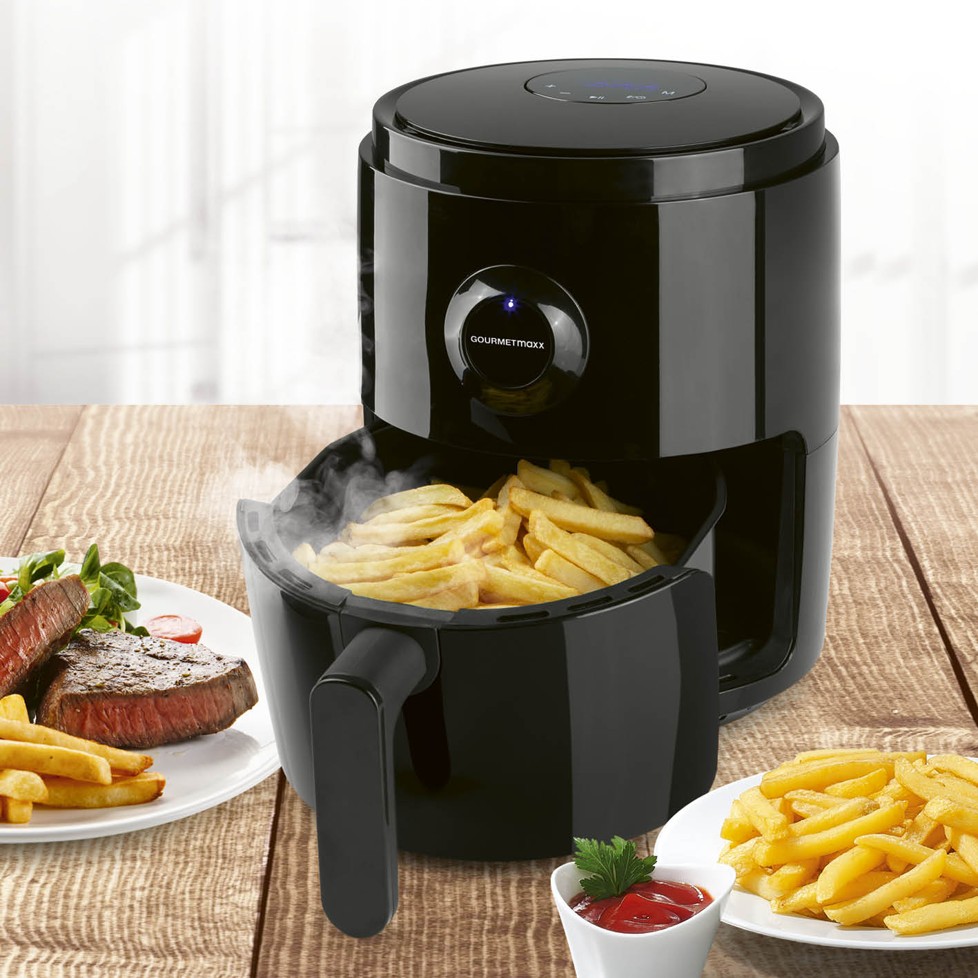 Heißluftfritteuse - 3 l mit 1400 W, 360°-Luftzirkulation, 8 Funktionen, spart Fett und Zeit beim frittierten Lieblingsessen.