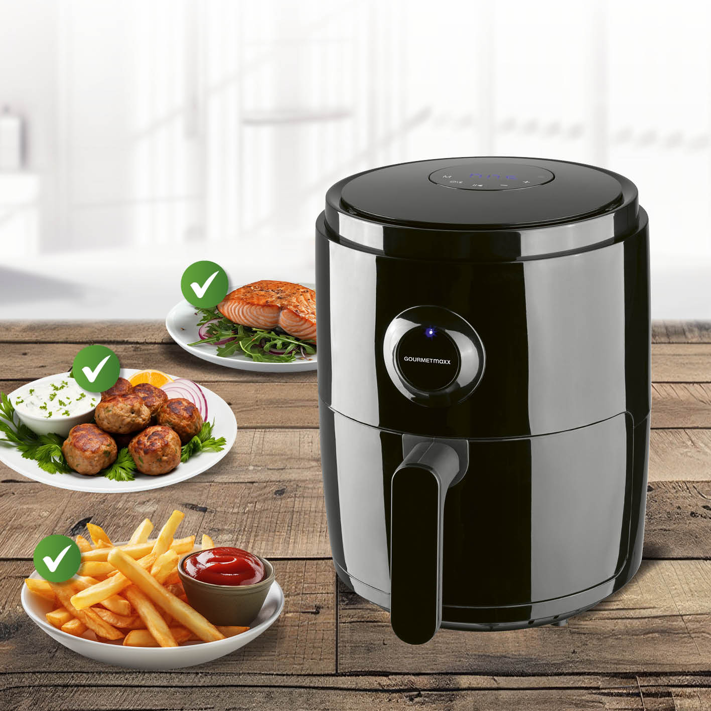 Heißluftfritteuse - 3 l mit 1400 W, 360°-Luftzirkulation, 8 Funktionen, 60-Minuten-Timer und Cool-Touch-Technologie.
