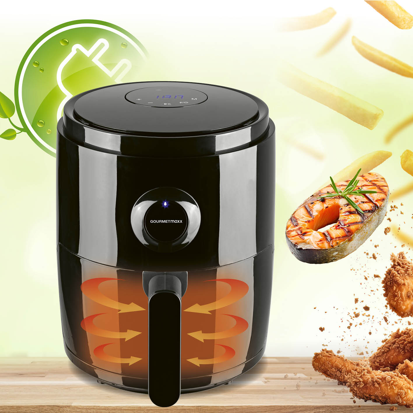 Heißluftfritteuse - 3 l mit 1400 W, 360° Luftzirkulation, 8 Funktionen, 60-Minuten-Timer für fettarmes Frittieren.