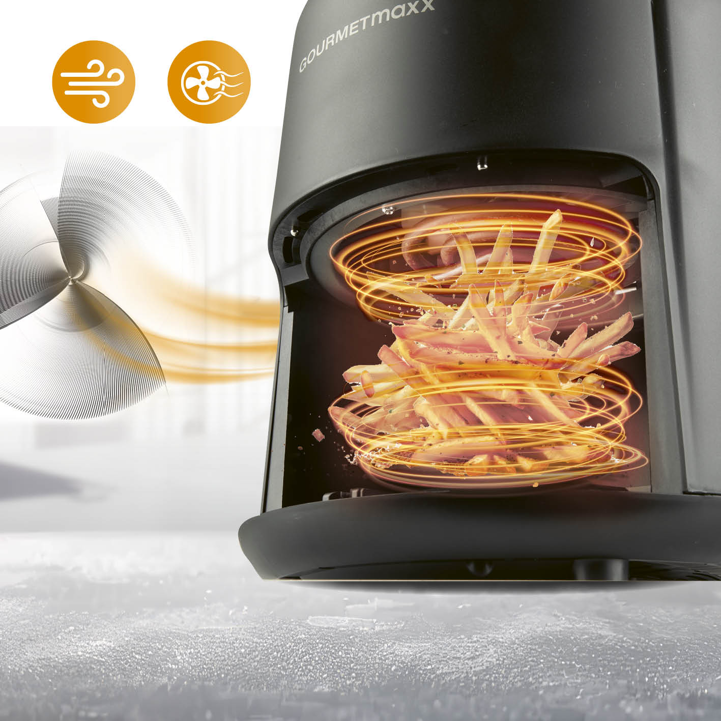 Heißluftfritteuse - 3 l mit 360°-Luftzirkulation, 1400 W Leistung, ideal für fettarmes, schnelles Garen von Pommes und mehr.