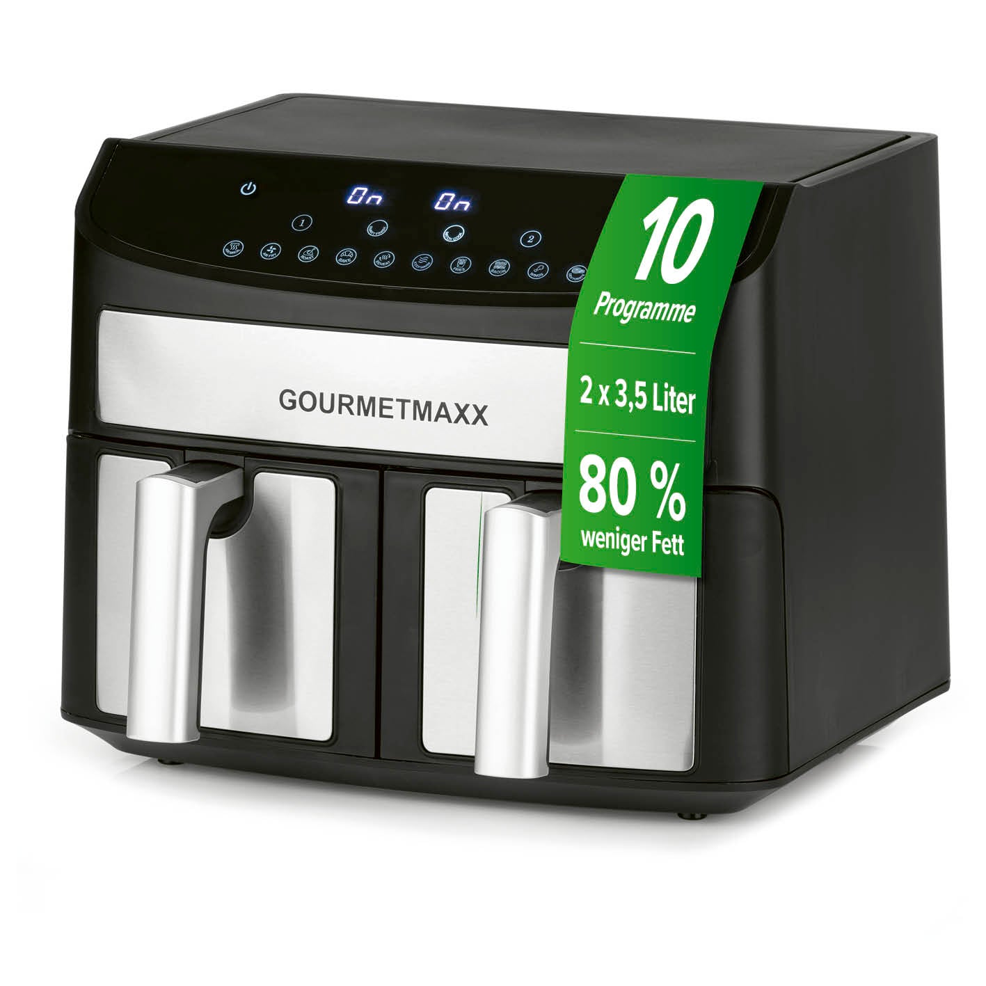 Doppelkammer-Heißluftfritteuse - 2 x 3,5 L mit 10 Programmen, 80 % weniger Fett, Touchdisplay und zwei unabhängigen Garzonen.