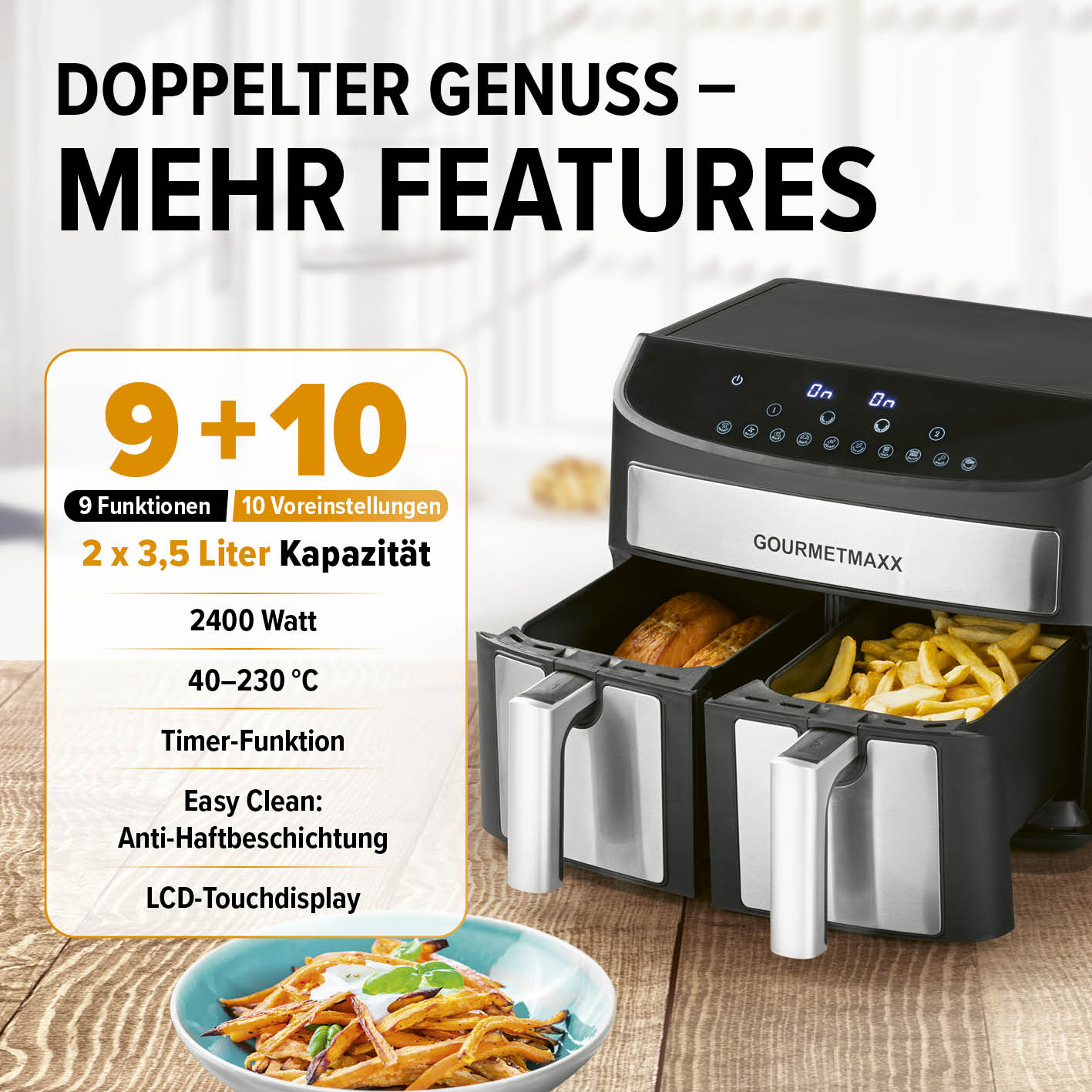 Doppelkammer-Heißluftfritteuse - 2 x 3,5 L mit 9 Funktionen, 10 Programmen, LCD-Touchdisplay und 2400 W Leistung.