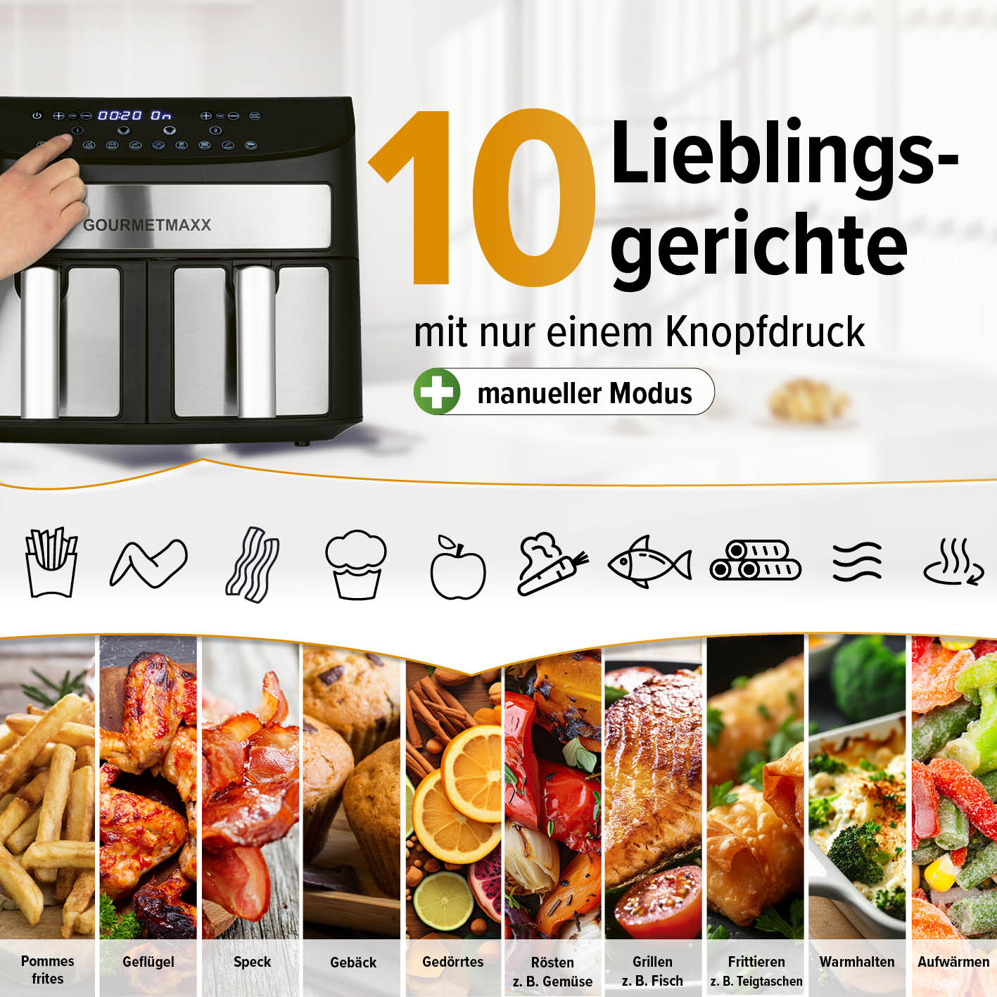 Doppelkammer-Heißluftfritteuse - 2 x 3,5 L mit 10 Programmen für leckere Gerichte per Knopfdruck und manuellem Modus.