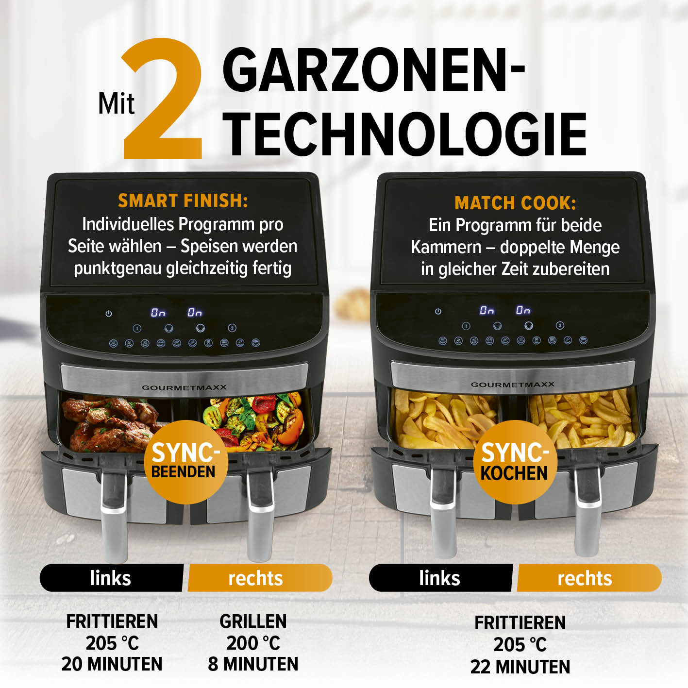 Doppelkammer-Heißluftfritteuse - 2 x 3,5 L mit 2 Garzonen-Technologie für gleichzeitiges Frittieren und Grillen.