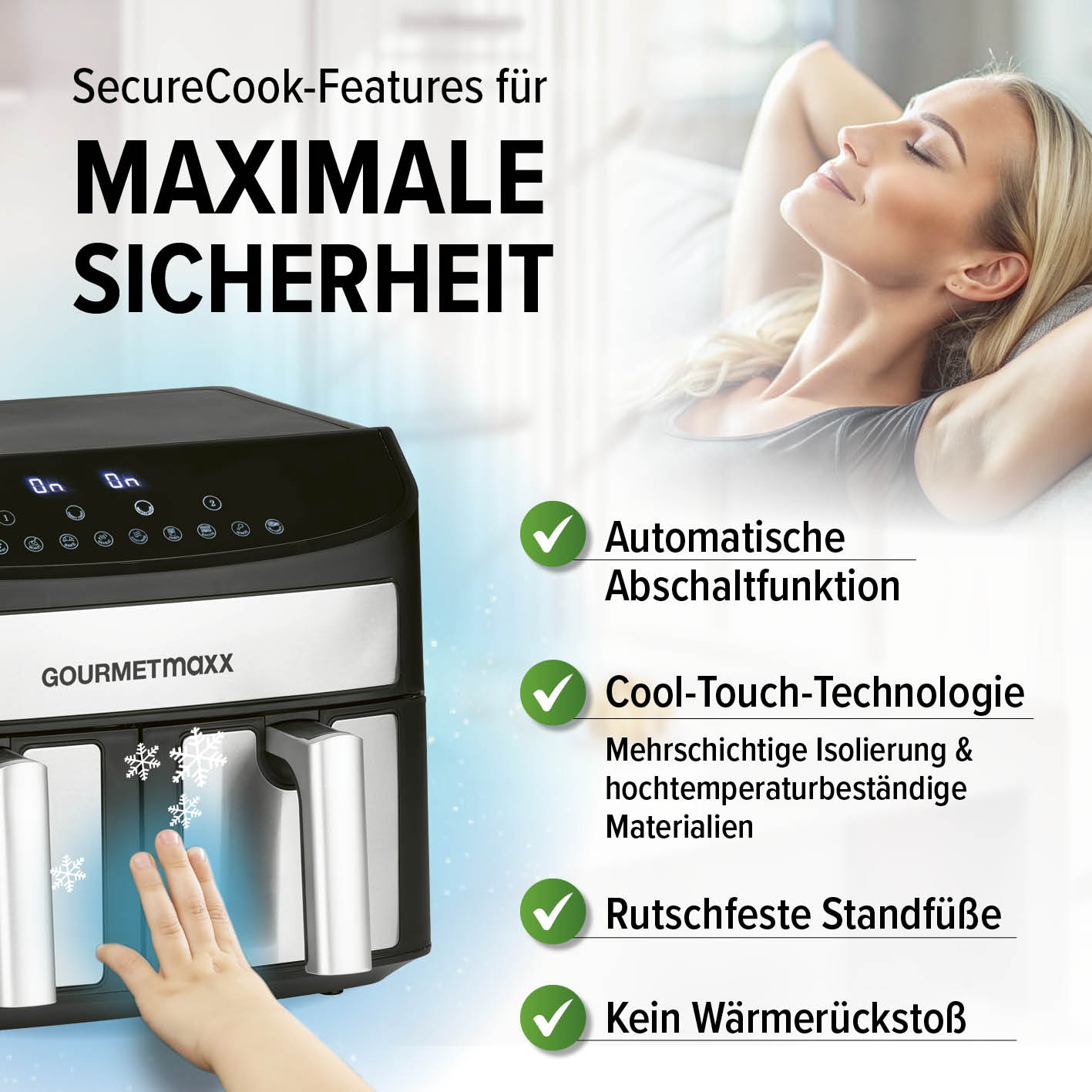 Doppelkammer-Heißluftfritteuse - 2 x 3,5 L mit SecureCook-Features für maximale Sicherheit und automatische Abschaltfunktion.