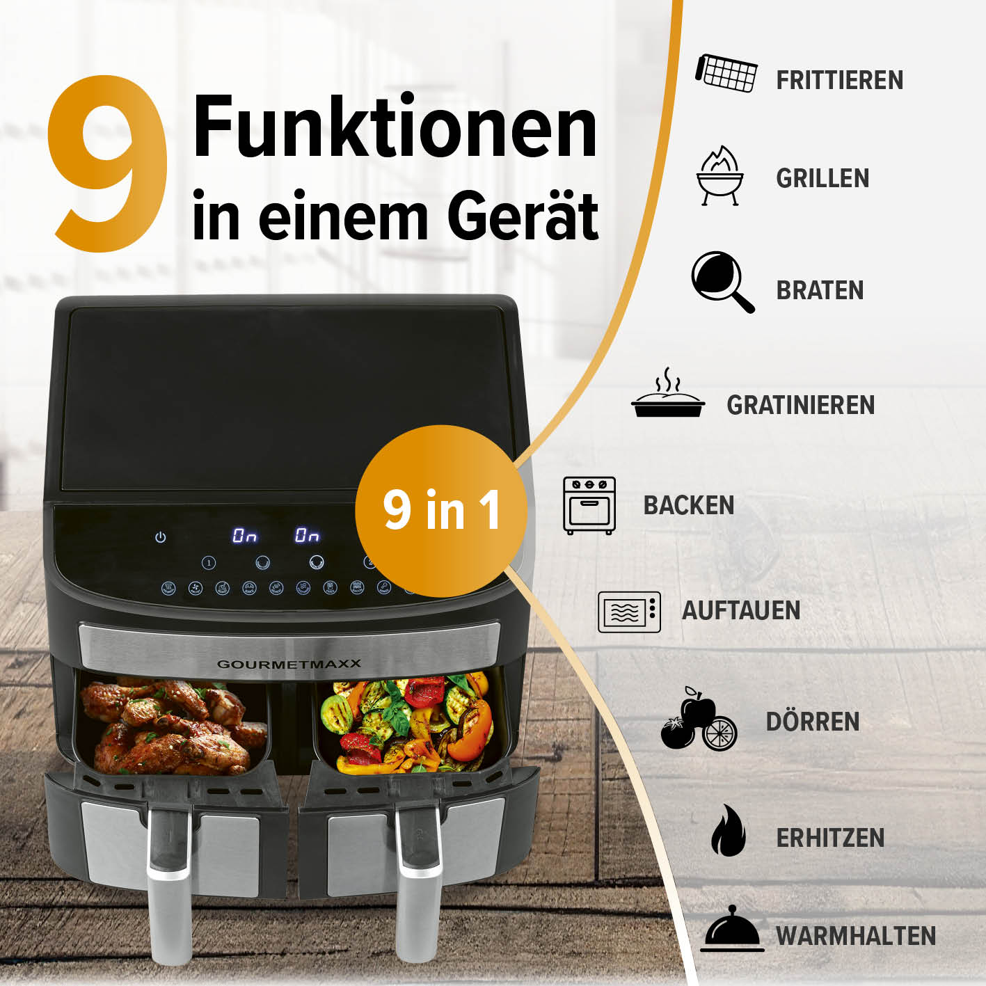 Doppelkammer-Heißluftfritteuse - 2 x 3,5 L mit 9 Funktionen für fettarmes Frittieren, Grillen, Backen und mehr in einem Gerät.