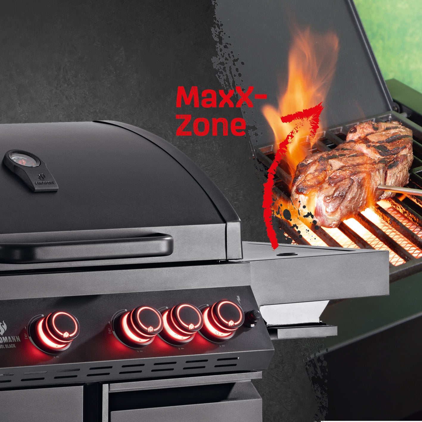 Gasgrill COOL BLACK 4.1 maxX mit vier Brennern und maxX-Zone für hohe Hitze, Grill mit Thermobox-Schublade und GN-Behälter.